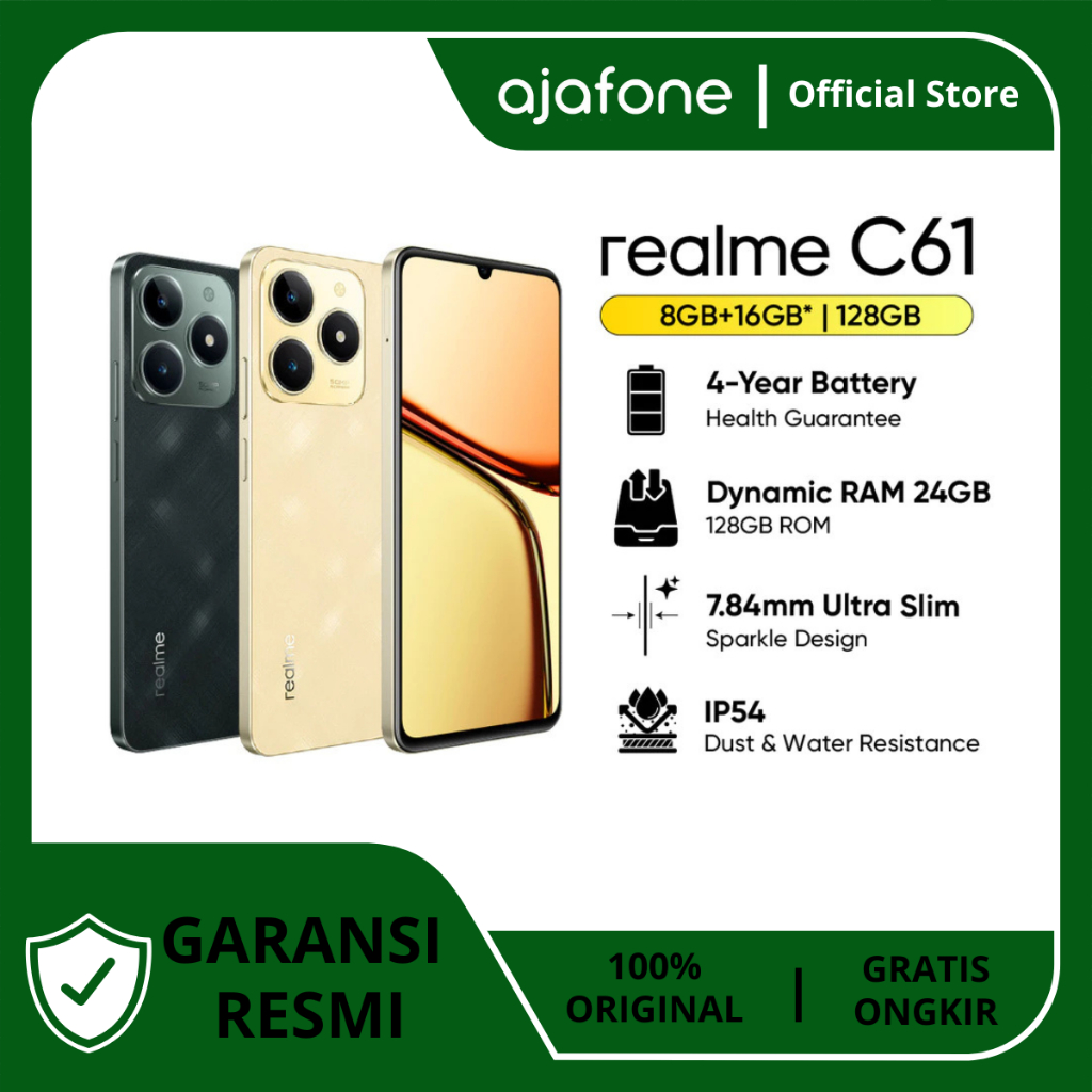 Realme C61 8 + 128 (50MP AI camera | 90Hz eye comfort display | 7.84mm Ultra Slim design | powerful octa-core chipset | 5000mAh massive battery) Harga 1,899,000 rupiah*Gratis Ongkir