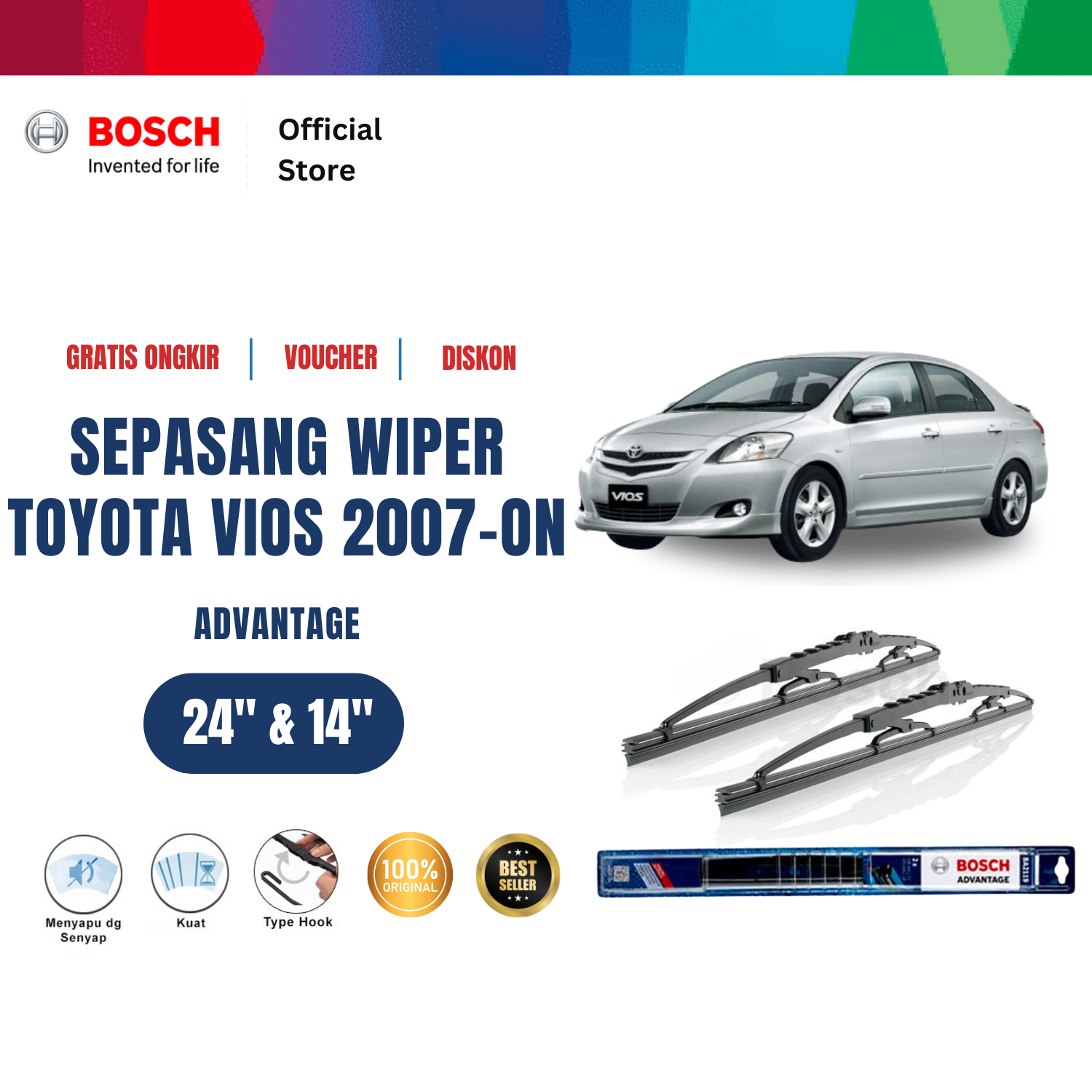Bosch Sepasang Wiper Kaca Mobil Toyota Vios 2007 on Advantage 24 dan 14 inchi Harga 134,130 rupiah*Gratis Ongkir
