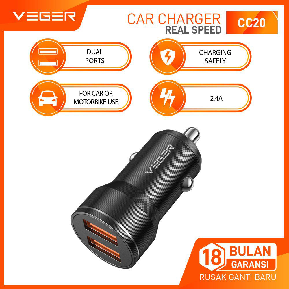 VEGER CC20 Car Charger Mobil 2.4A Dual Port USB Output Harga 31,500 rupiah*Gratis Ongkir