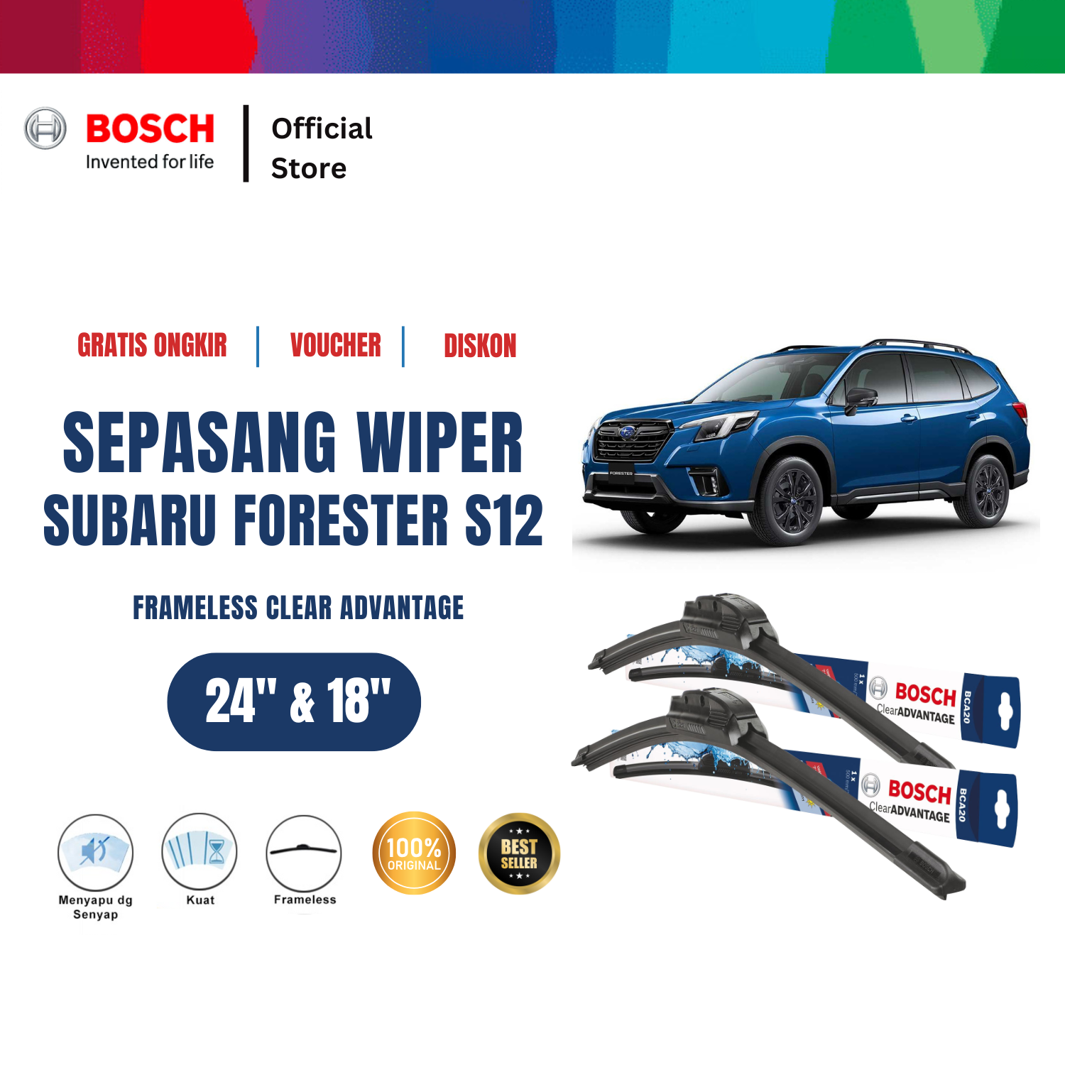 Bosch Sepasang Wiper Frameless New Clear Advantage Mobil Subaru Forester S12 Size 24 dan 18 Inci Harga  211,310 Ringgit*Penghantaran Percuma