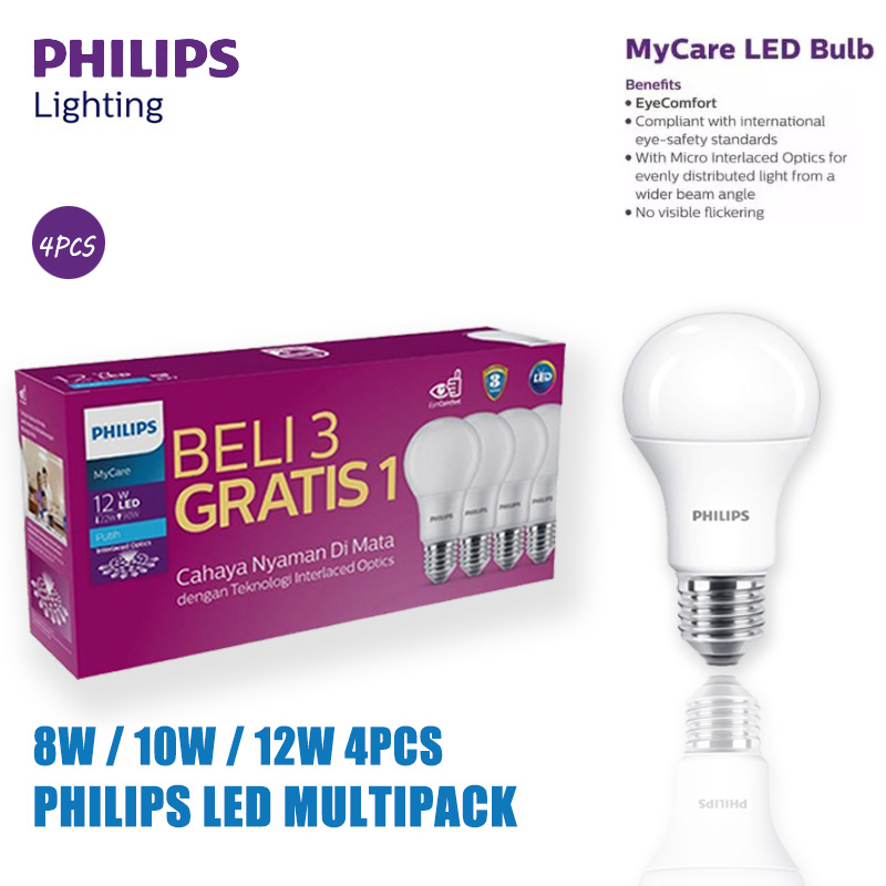 Philips MultiPack MyCare LedBulb 8W 10W 12W 4pcs 6500K Putih Harga 38,500 rupiah*Gratis Ongkir
