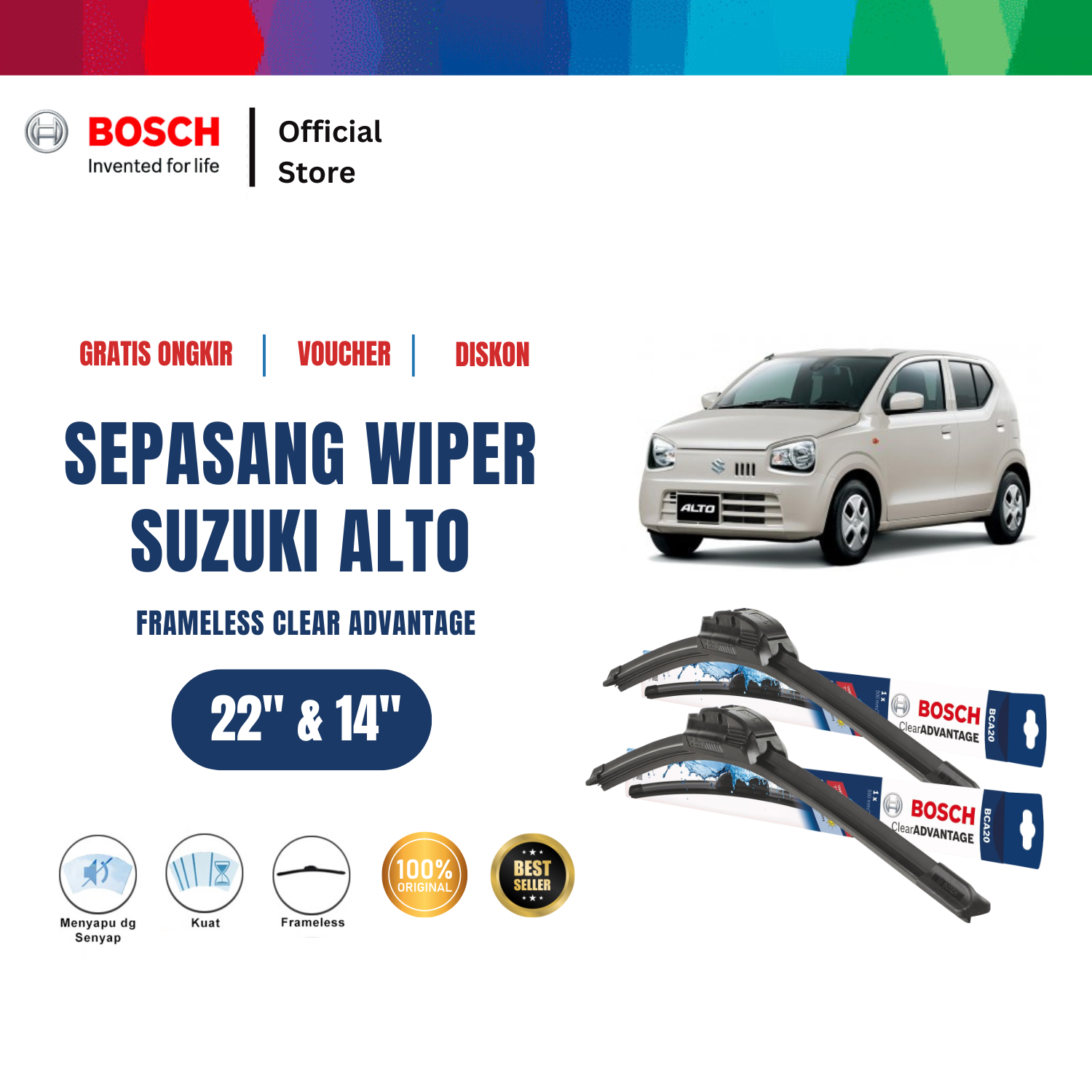 Bosch Sepasang Wiper Frameless New Clear Advantage Mobil Suzuki Alto AMF 22" & 14" - 2Buah/Set - Hitam Harga 197,115 rupiah*Gratis Ongkir