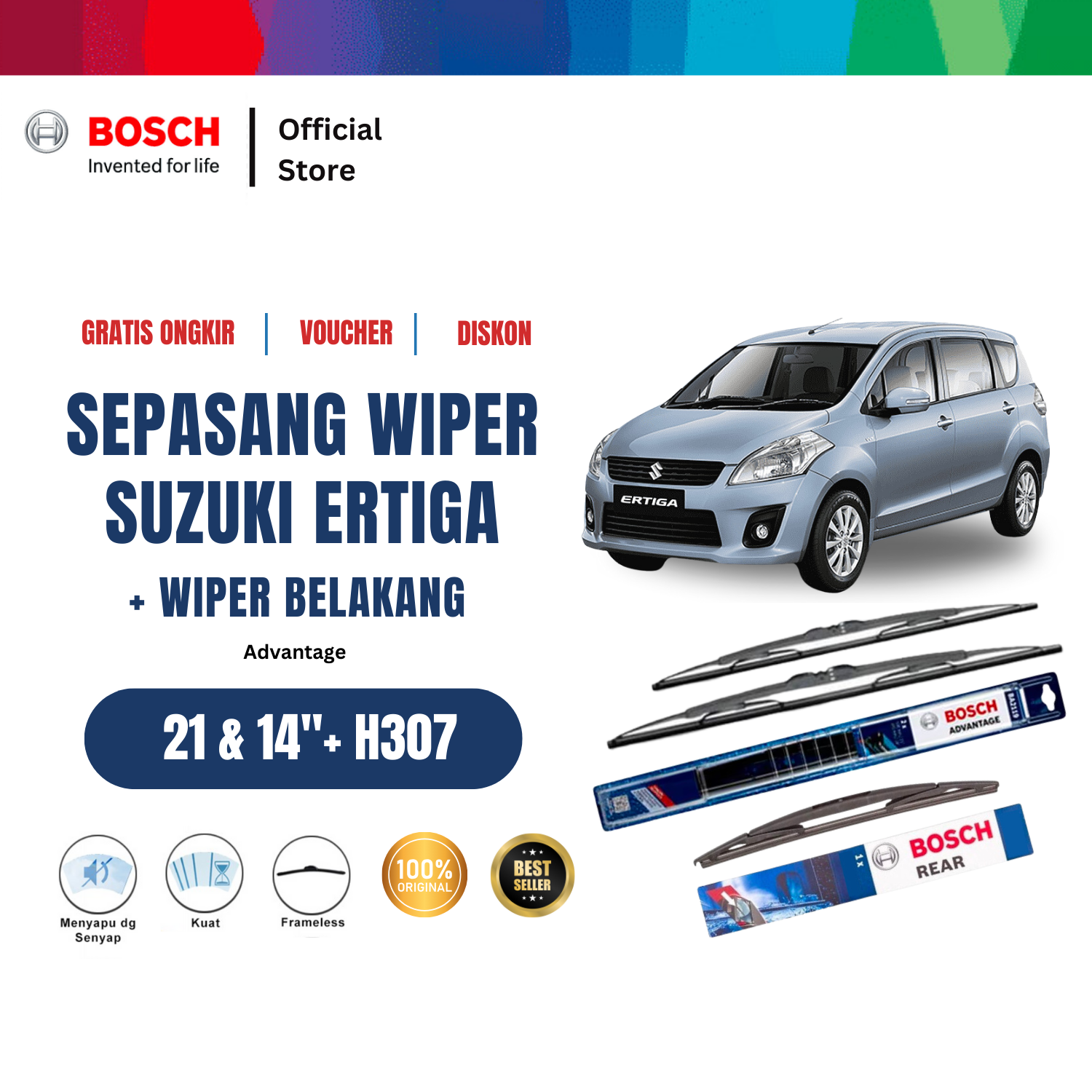 Bosch Wiper Depan dan Belakang Daihatsu Ayla Advantage 21 dan 14 inchi dan H307 Harga 217,175 rupiah*Gratis Ongkir