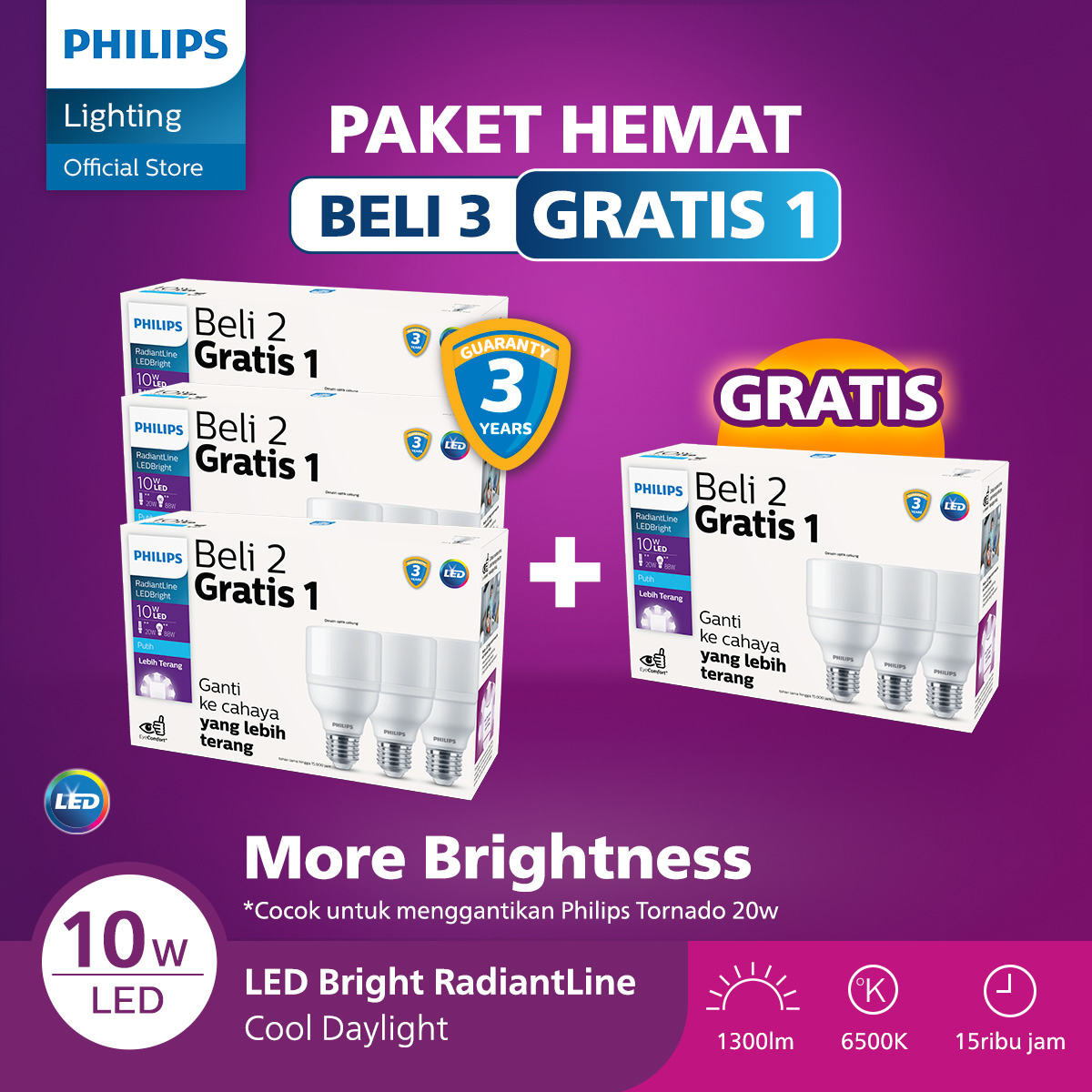 Philips Lampu LED Paket Beli 3 Gratis 1 Lampu Multipack Radiantline LED Bright 10W 6500K Putih Harga 309,680 rupiah*Gratis Ongkir