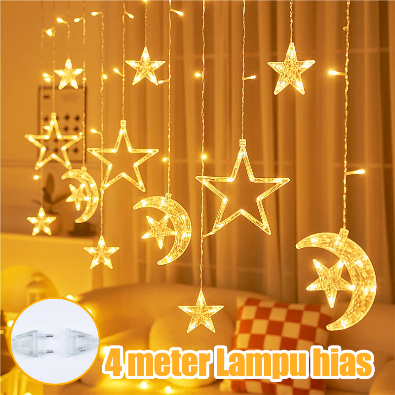 Lampu LED Bintang Bulan 4M 8 Mode Baru 2024 Lampu Hias Luar Ruangan Tahan Air Cocok untuk Idul Fitri L…