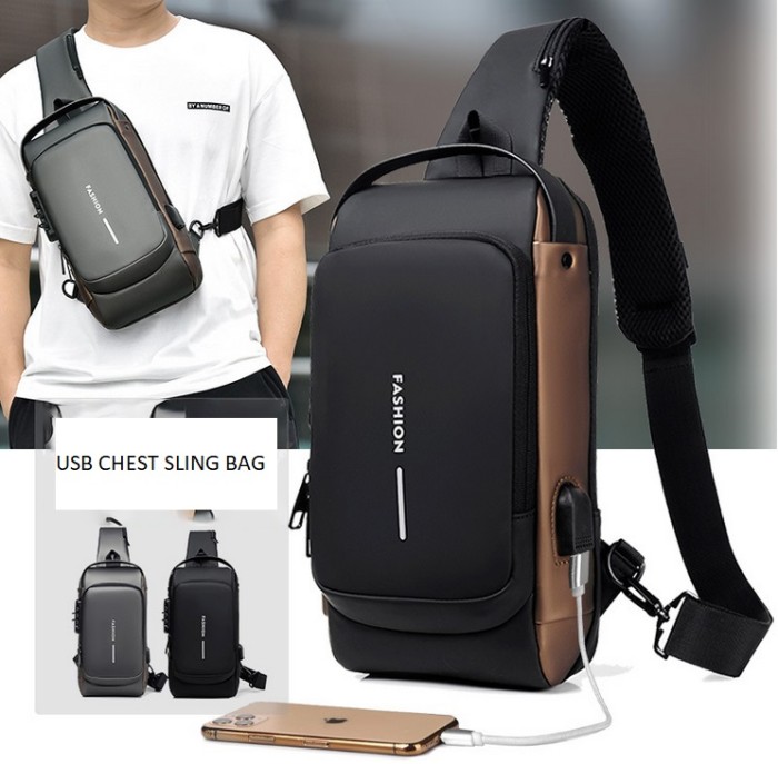 BAG ENTER TS207 Tas Selempang Pria USB Fashion Waterproof Men Chest Sling Bag