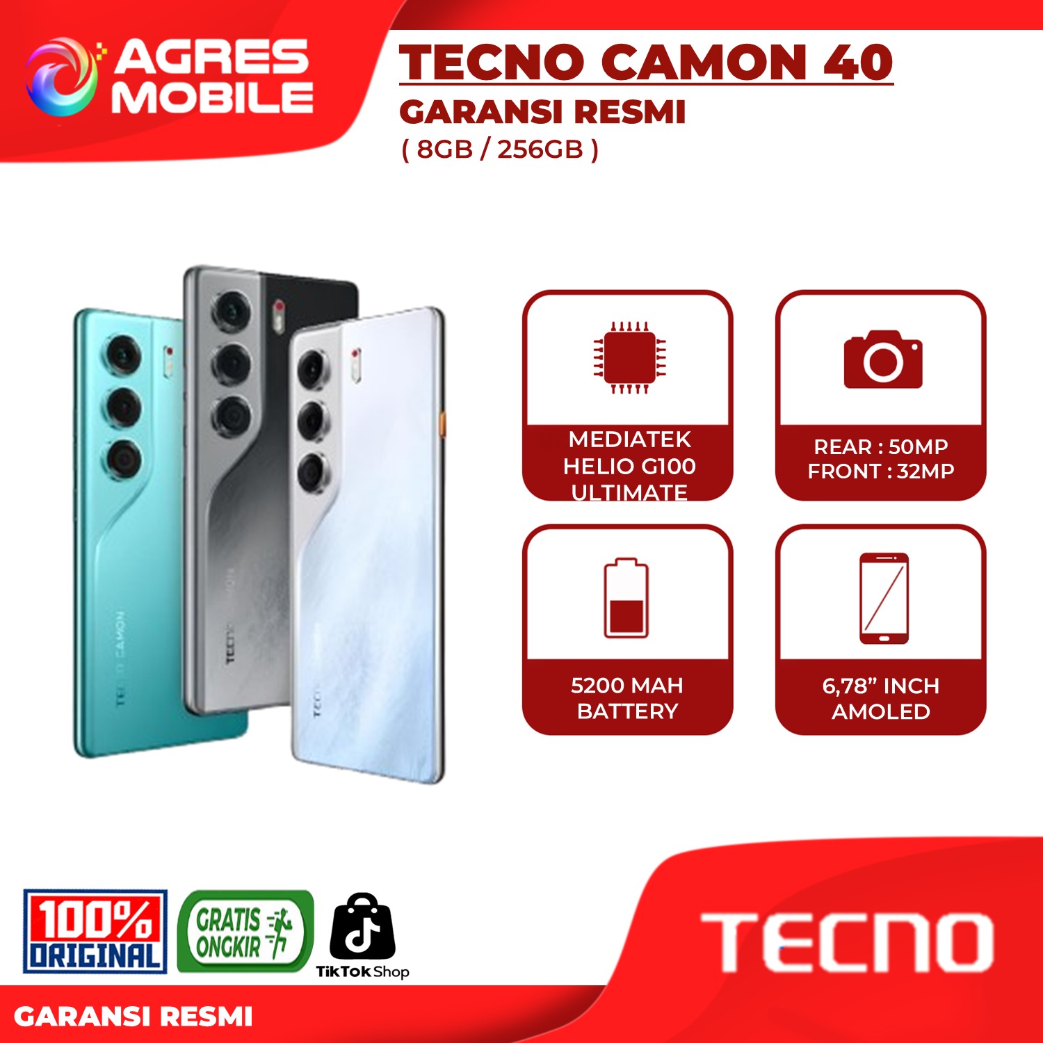Tecno Camon 40 8GB/256GB official warranty Tecno Indonesia Giá 2,849,000 Đồng*Miễn phí vận chuyển