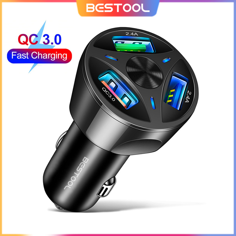 BESTOOL Car Adapter Socket Quick 2.1A QC3.0 3 USB Mobil Charger 12-32V With LED Light untuk IPhone Samsung Xiaomi Harga 42,500 rupiah*Gratis Ongkir