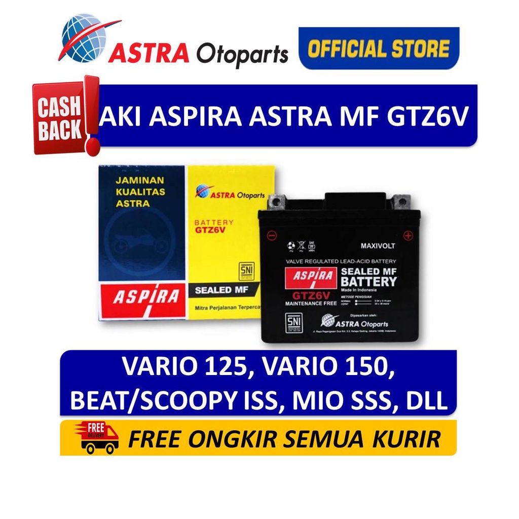Aki Motor Aspira Astra GTZ-6V MF Kering Vario 125 Vario 150 Beat Scoopy ISS Mio SSS 11-GTZ-6VMF Harga  283,843 rupiah*Gratis Ongkir