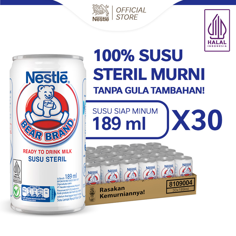 Nestlé BEAR BRAND Susu Sapi Steril Siap Minum 189ml isi 30 pcs [Karton] Harga 298,685 rupiah*Gratis Ongkir