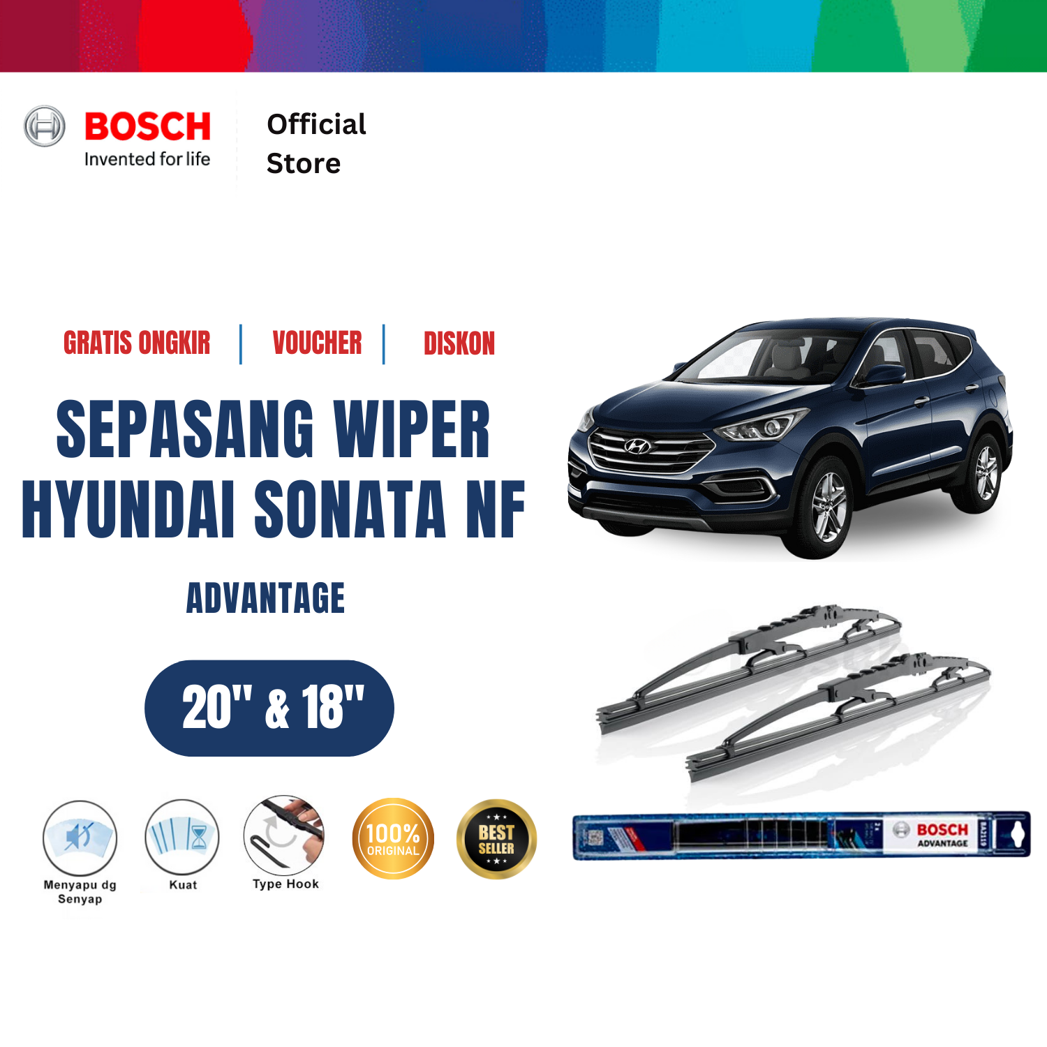 Bosch Sepasang Wiper Kaca Mobil Hyundai Sonata NF 2004-on Advantage 20 dan 18 inchi Harga 121,380 rupiah*Gratis Ongkir