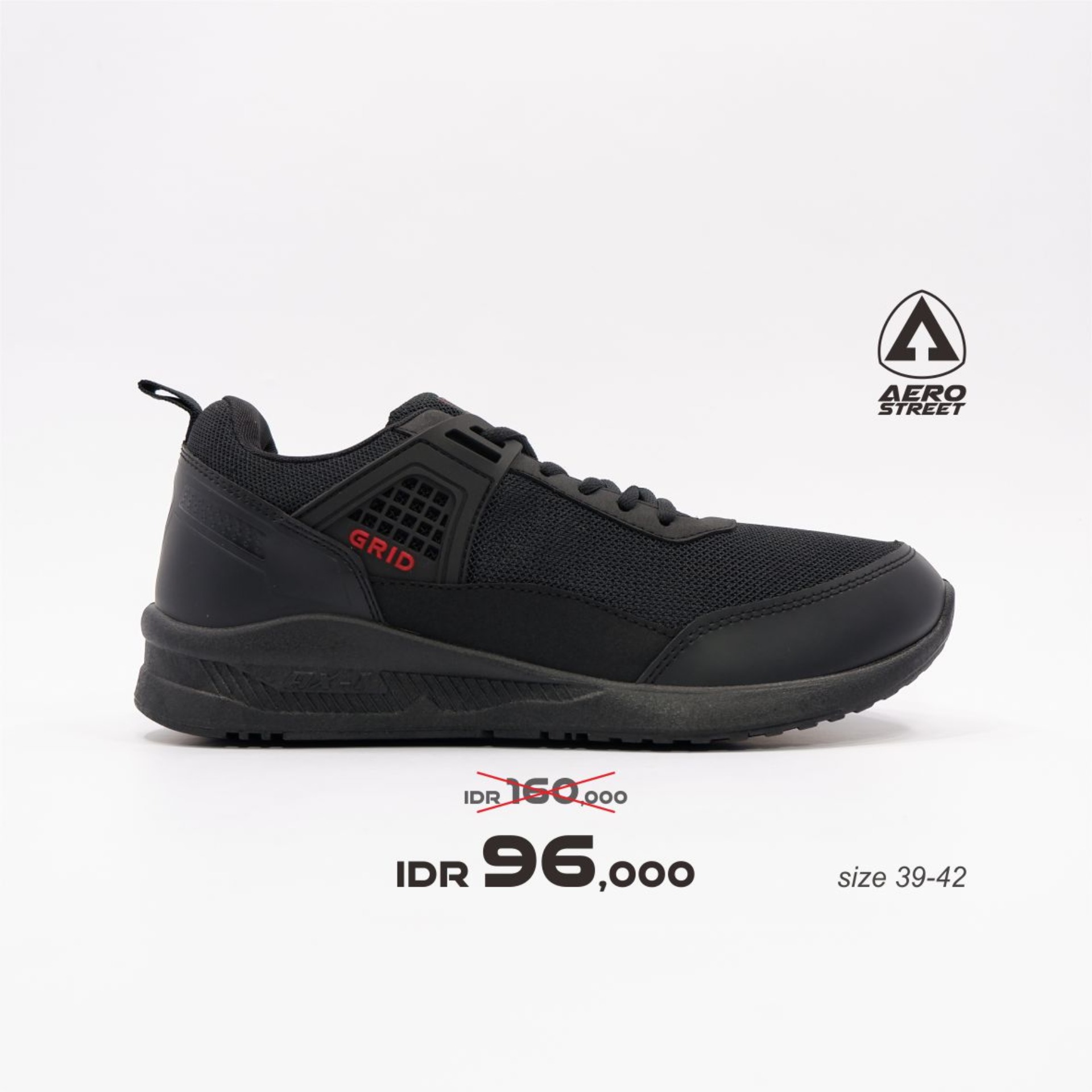 Aerostreet 39-42 Grid Full Black - Sepatu Sneakers Casual Sport Sekolah Pria Wanita Aero Street