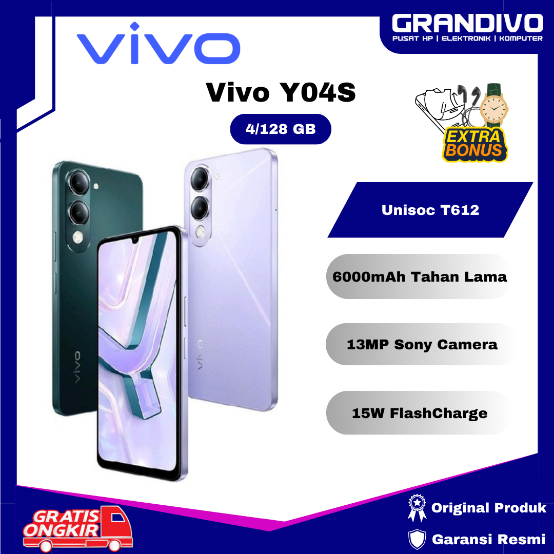 Vivo y04s 4/128GB AI erase, 6000mAh, 15W fast charge official warranty-granvo Harga  1,579,000 Ringgit*Penghantaran Percuma