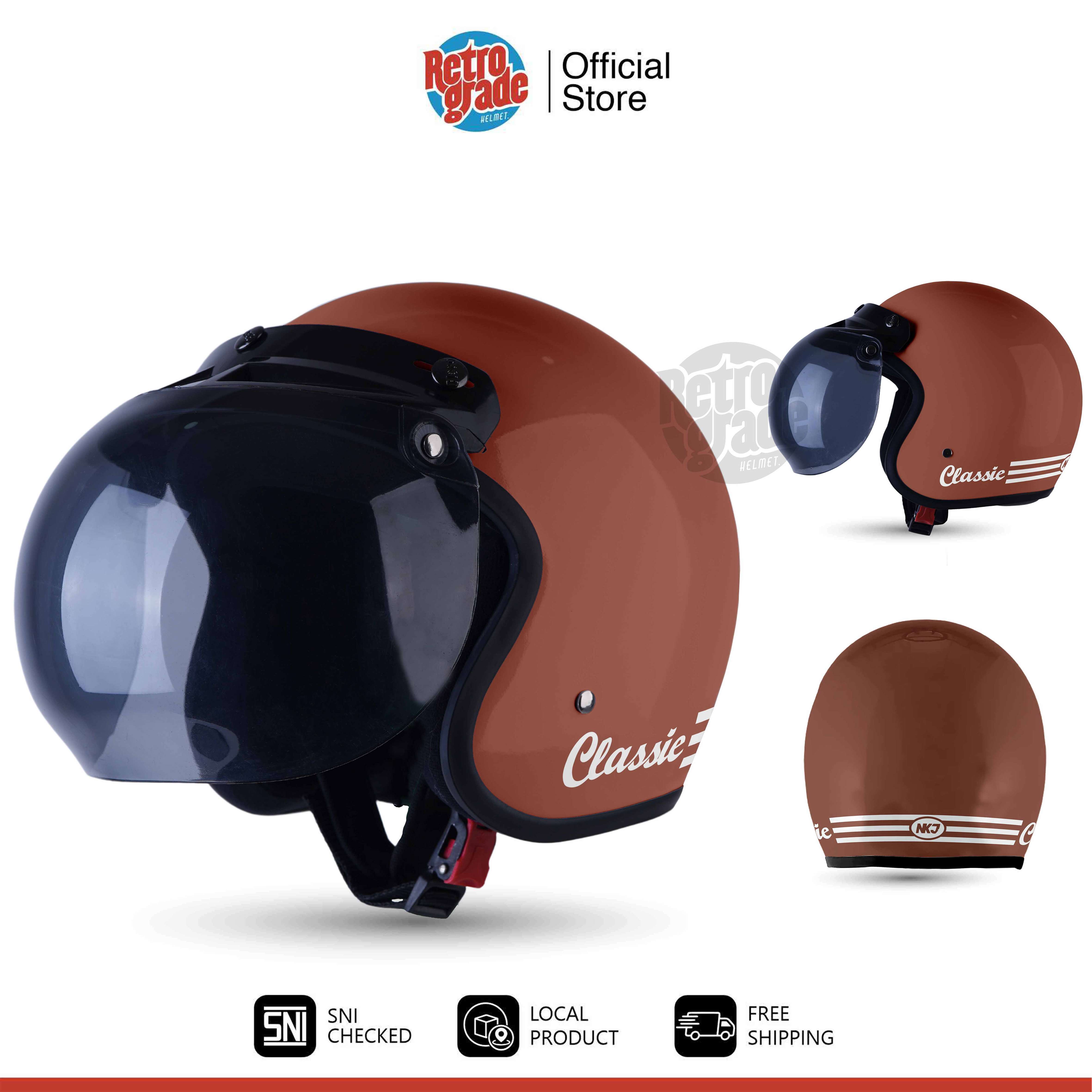 Helm Bogo Dewasa Retro Classic SNI Cat Garis Kaca Bobo Bkn JPN INK JPX KYT Helem Pria Wanita Coklat Harga 90,000 rupiah*Gratis Ongkir