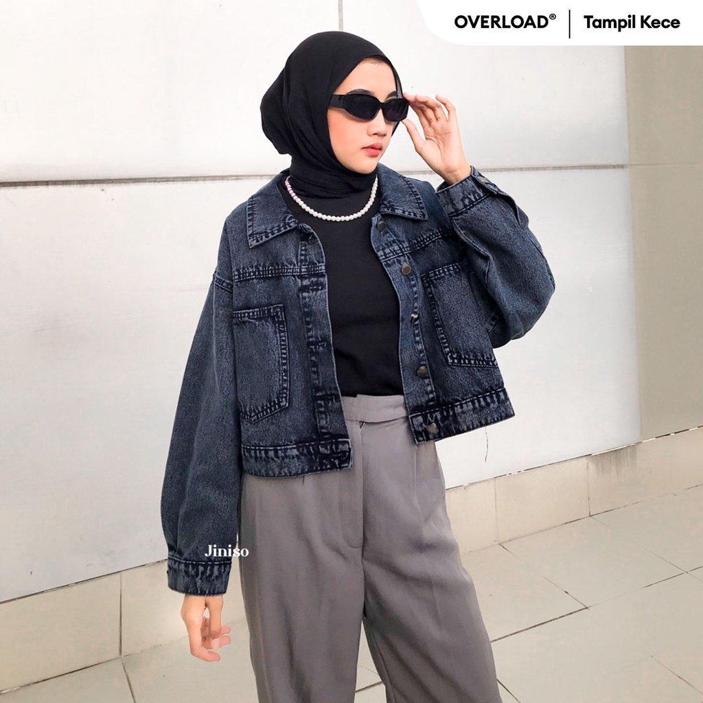JINISO Jaket Crop Jeans Oversize Pocket Black Acid Harga  206,500 rupiah*Gratis Ongkir