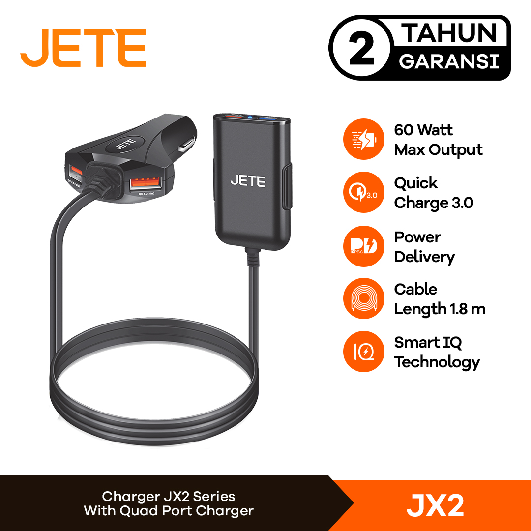 Charger Mobil Car Charger 60W Output Quick Charger 3.0 Jete JX2 - Garansi 2 Tahun Harga 104,500 rupiah*Gratis Ongkir