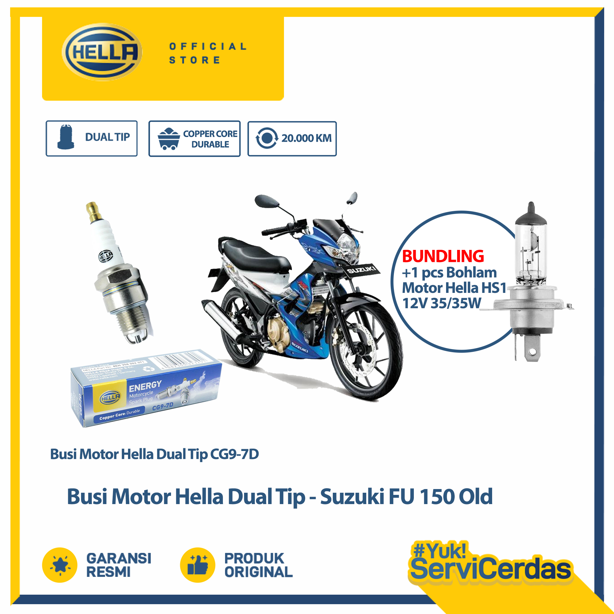 Busi Motor Suzuki FU 150 Old Hella Dual Tip CG9-7D Bundling Bohlam Motor HS1 12V 35/35W PX43T - Lampu Motor Harga 47,800 rupiah*Gratis Ongkir