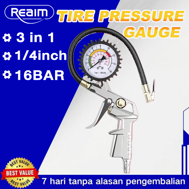 Reaim 3 in 1 Air Pressure Filling & Measuring Tool + 5 Inch Air Duster Blow Gun | Professional Tire Pressure Gauge for Tires Harga 50,343 rupiah*Gratis Ongkir