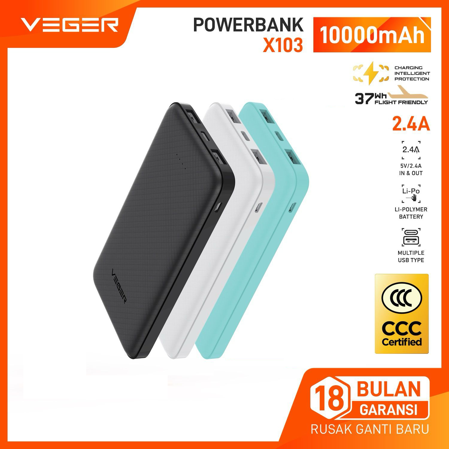 Veger X103 10000Mah 2.4A Powerbank Slim 2 USB Ports Output Power Bank