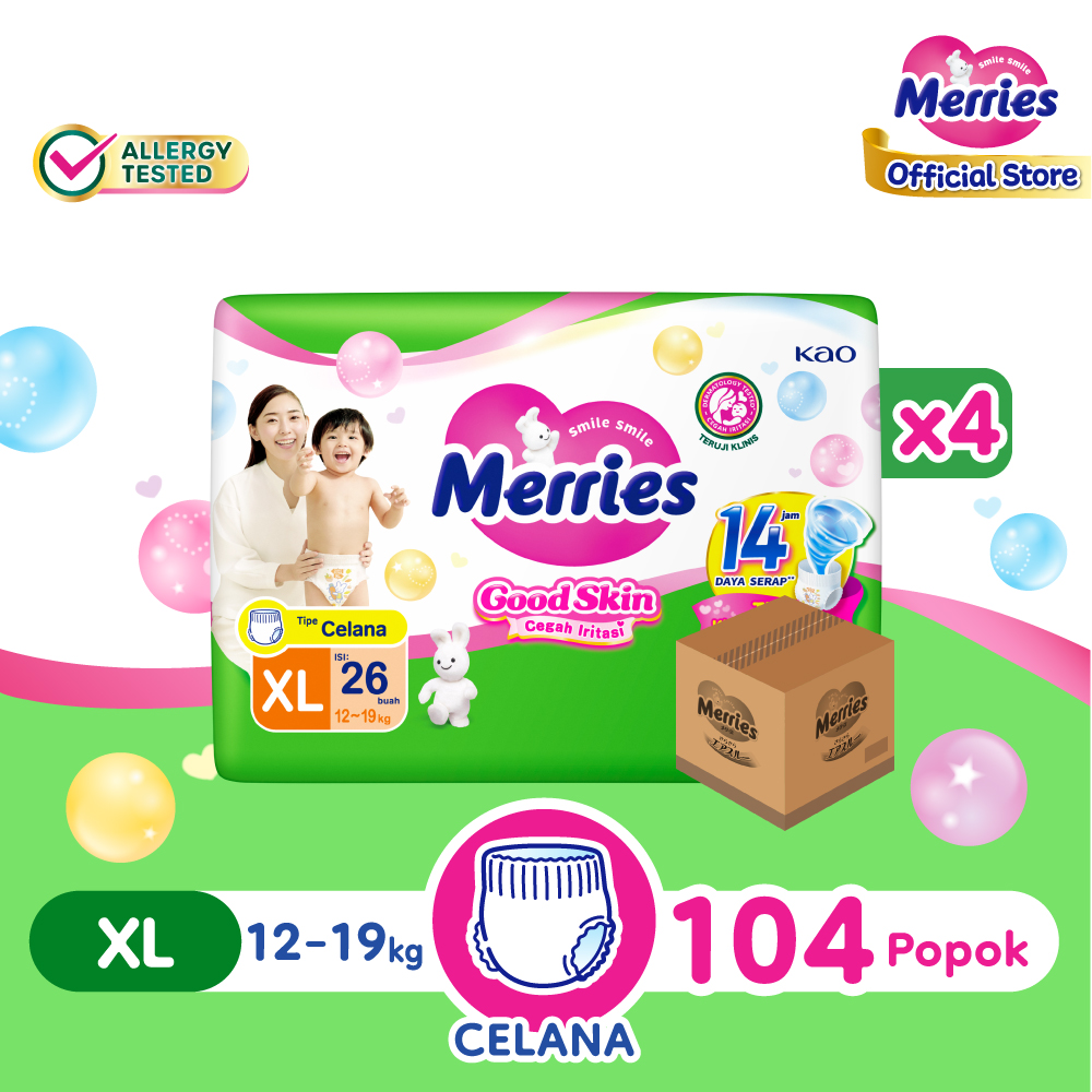 Merries Good Skin Pants Popok Perlengkapan Bayi XL26 isi 104 pcs [Karton] (12-19kg) Harga 212,700 rupiah*Gratis Ongkir