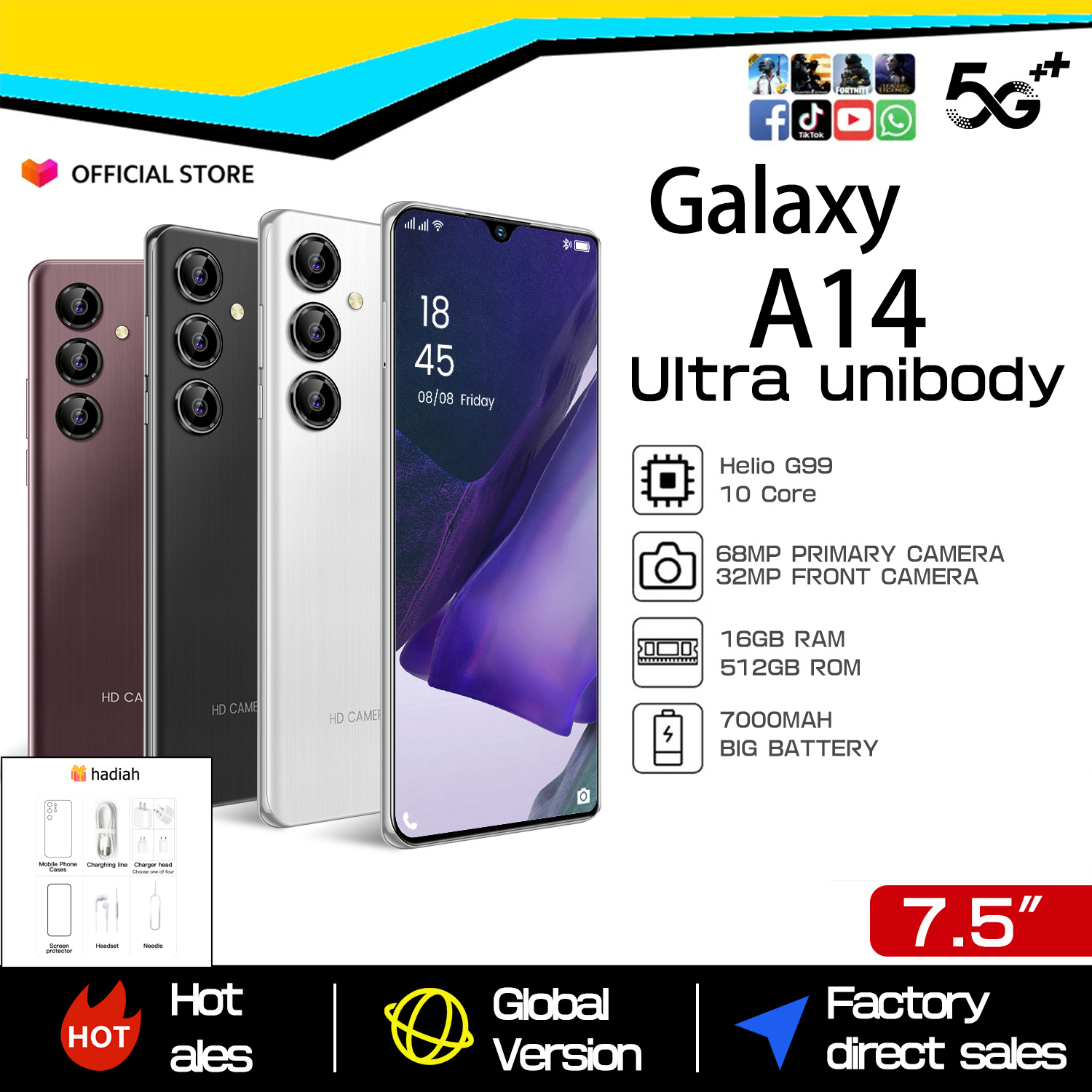 【Can cod + official Guaranty 】new style Galaxy A14 12GB + 512GB 7.5 inch mobile phone Android 12 5G HP cheap cheapest mobile phone clearance 2023 new HP 68mp dual SIM dual camera 7000mAh RAM cheap game mobile original mobile official local delivery cod Harga  1,180,000 Ringgit*Penghantaran Percuma
