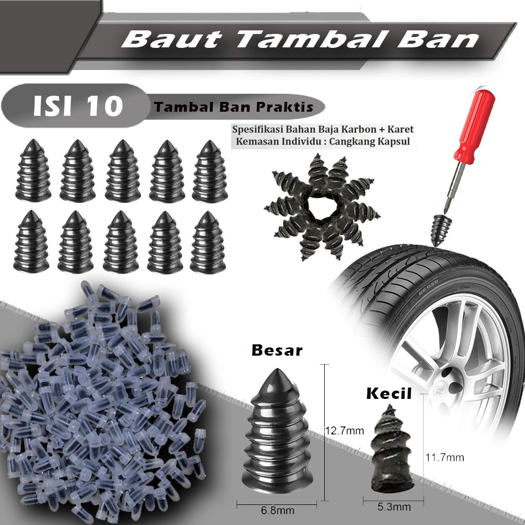 Titik Tiga 10 Pcs Tubeless Tire Patch Rubber Anti-Tire-Leak Nail Bolt Screw Rubber Tembel Tire Patch for Leaking Tires - Practical Tire Patch Rubber Screw Tire Repair Screw for Motorcycle Car Harga 11,000 rupiah*Gratis Ongkir