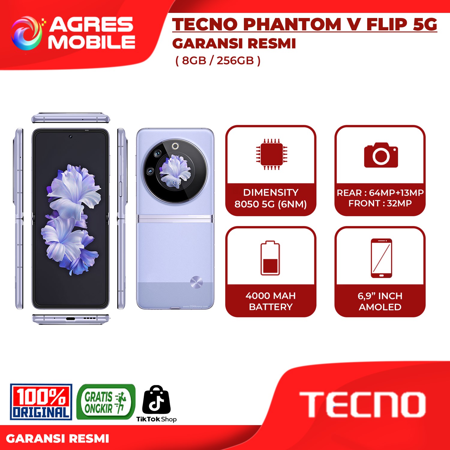 TECNO Phantom V Flip 5G 8GB/256GB Garansi Resmi Tecno Indonesia Harga 4,499,000 rupiah*Gratis Ongkir