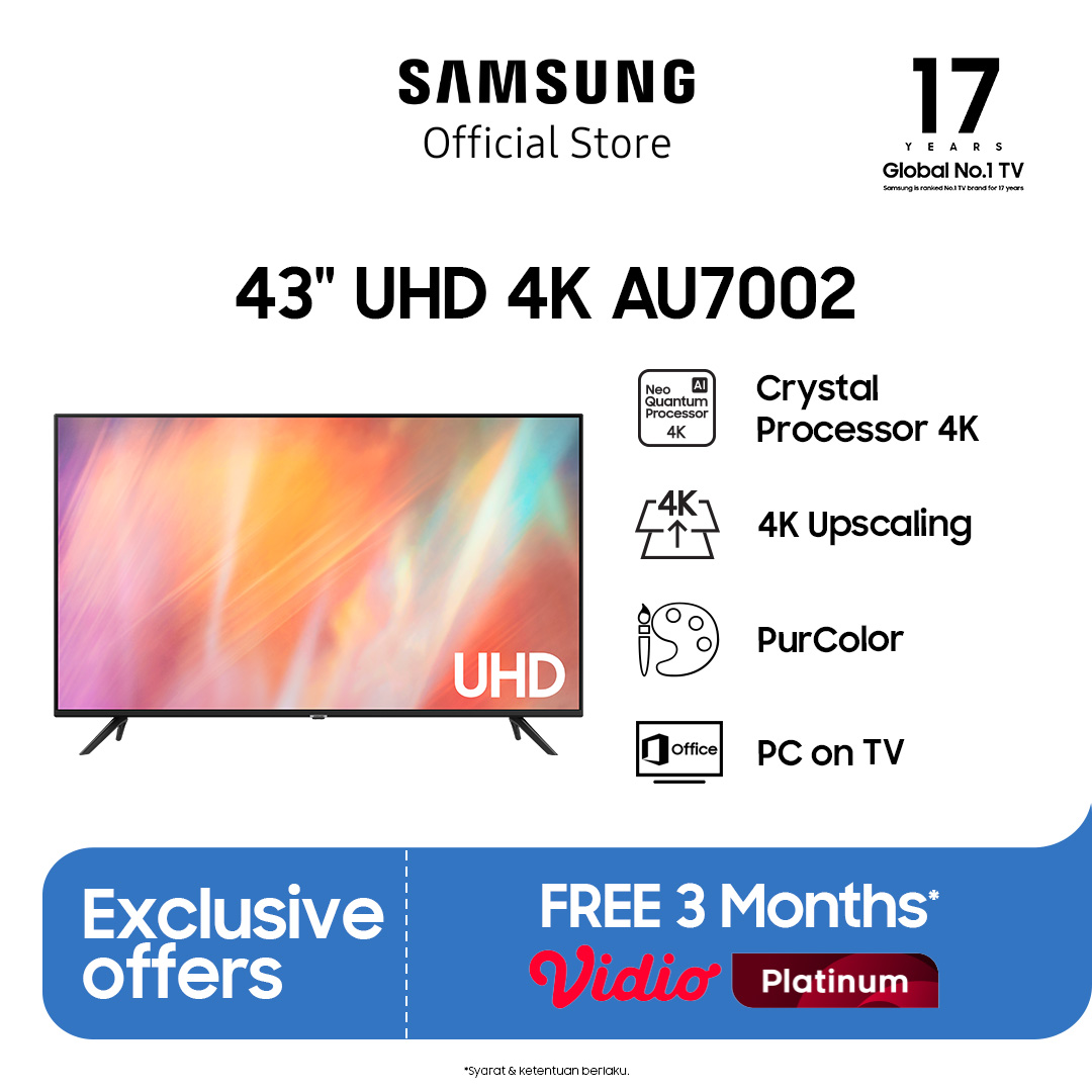 	 Samsung AU7002 43 inch, Smart TV, Ultra HD 4K with PurColor, Browser/Netflix/YouTube, Dolby Digital Plus, New Bezel-less, Tizen OS, WiFi/HDMI/USB/Bluetooth - UA43AU7002KXXD	