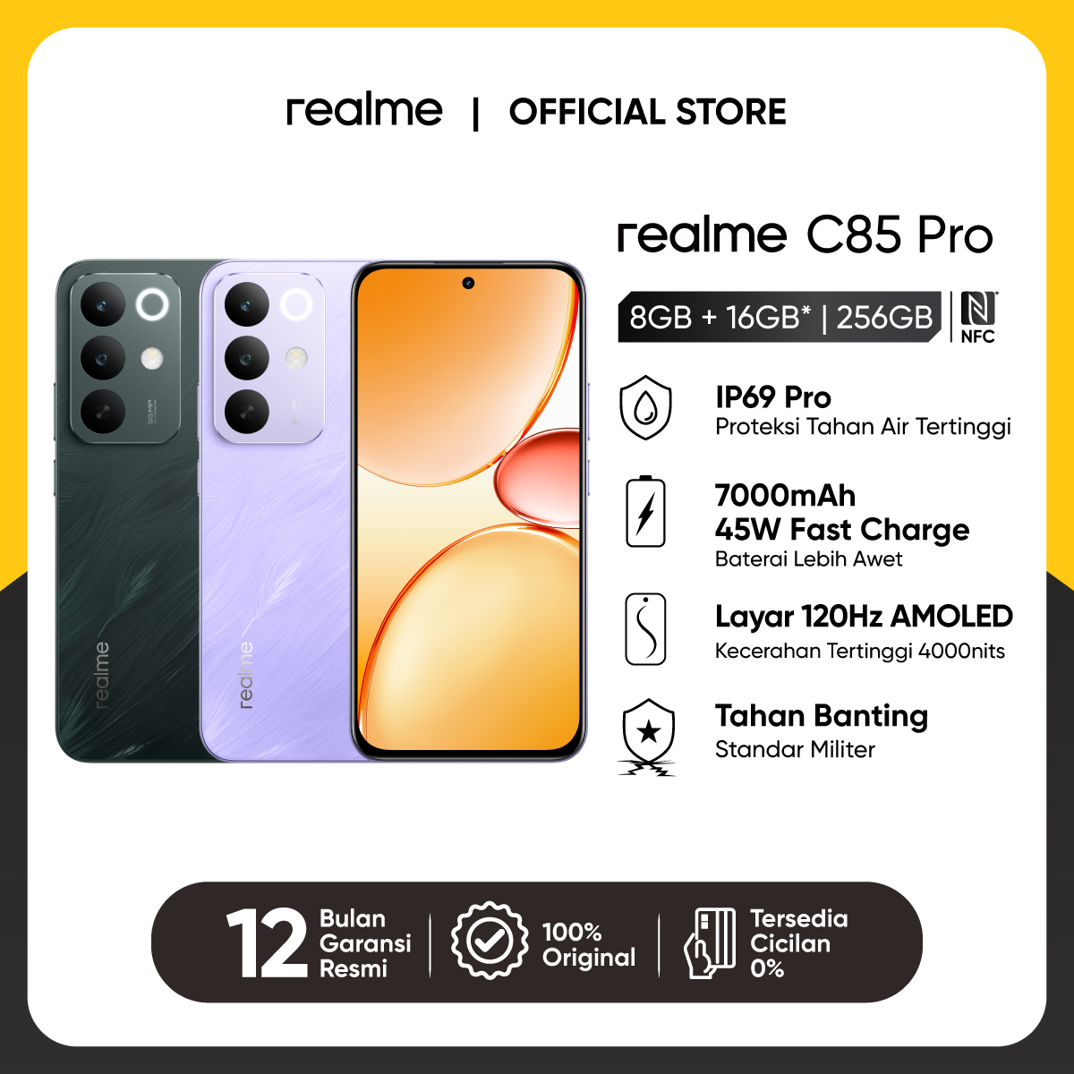 realme C85 Pro 8GB+16GB*|256GB (7000mAh Baterai 45W Fast Charge | IP69 Pro Proteksi Tahan Air Tertinggi | Layar AMOLED Terang Maksimal 4000nits | Military-Grade Shock Resistance) Harga 3,299,000 rupiah*Gratis Ongkir