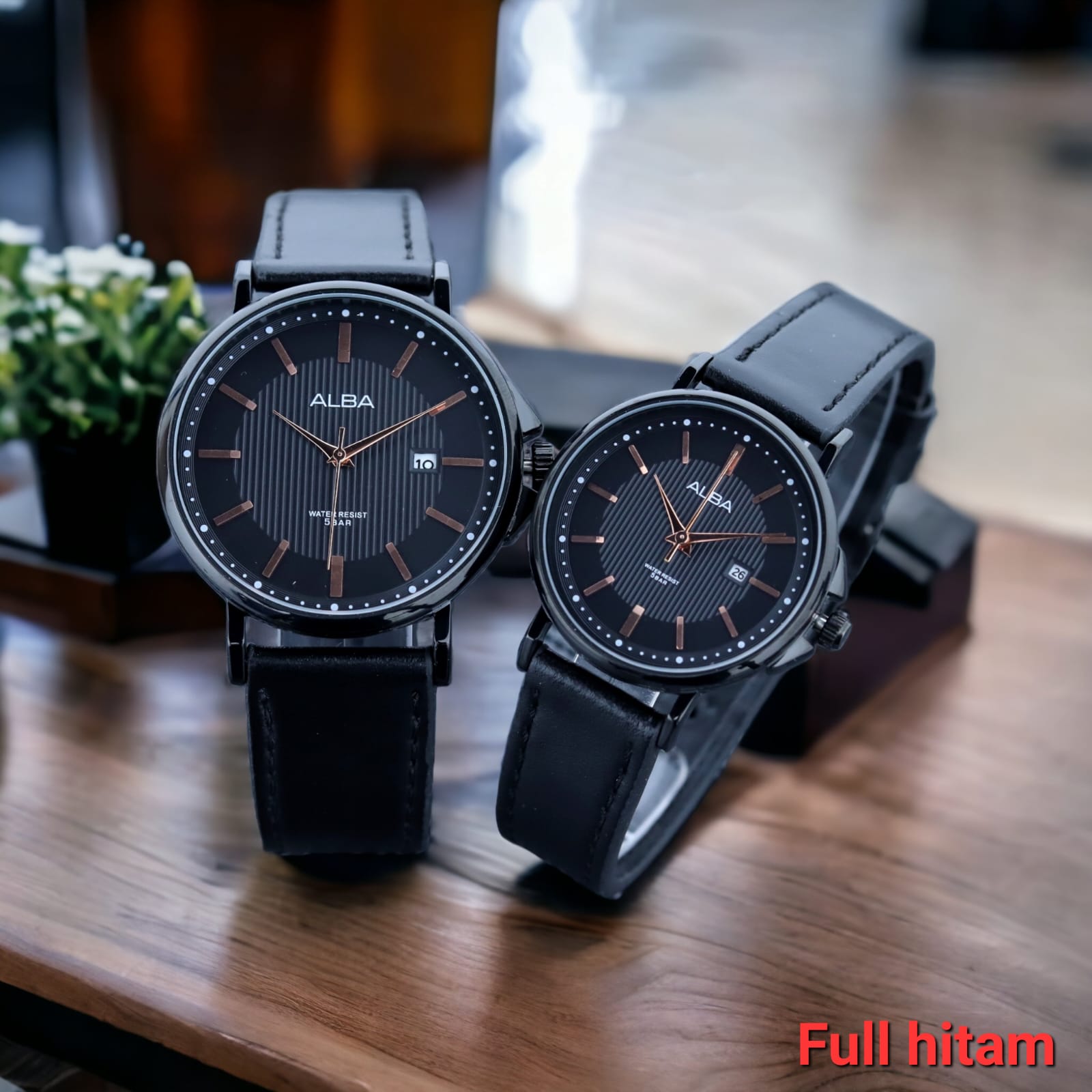 JAM Tangan Couple Alba Tipis Tali Kulit Tanggal Aktif