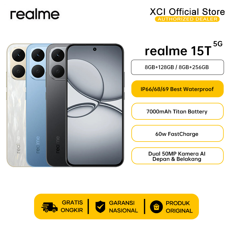 Latest Realme 15t 5g 2025, 120Hz Amoled Display, 7000Mah Titan Battery, Ip66/68/69 Best Waterproof Harga 3,999,000 rupiah*Gratis Ongkir