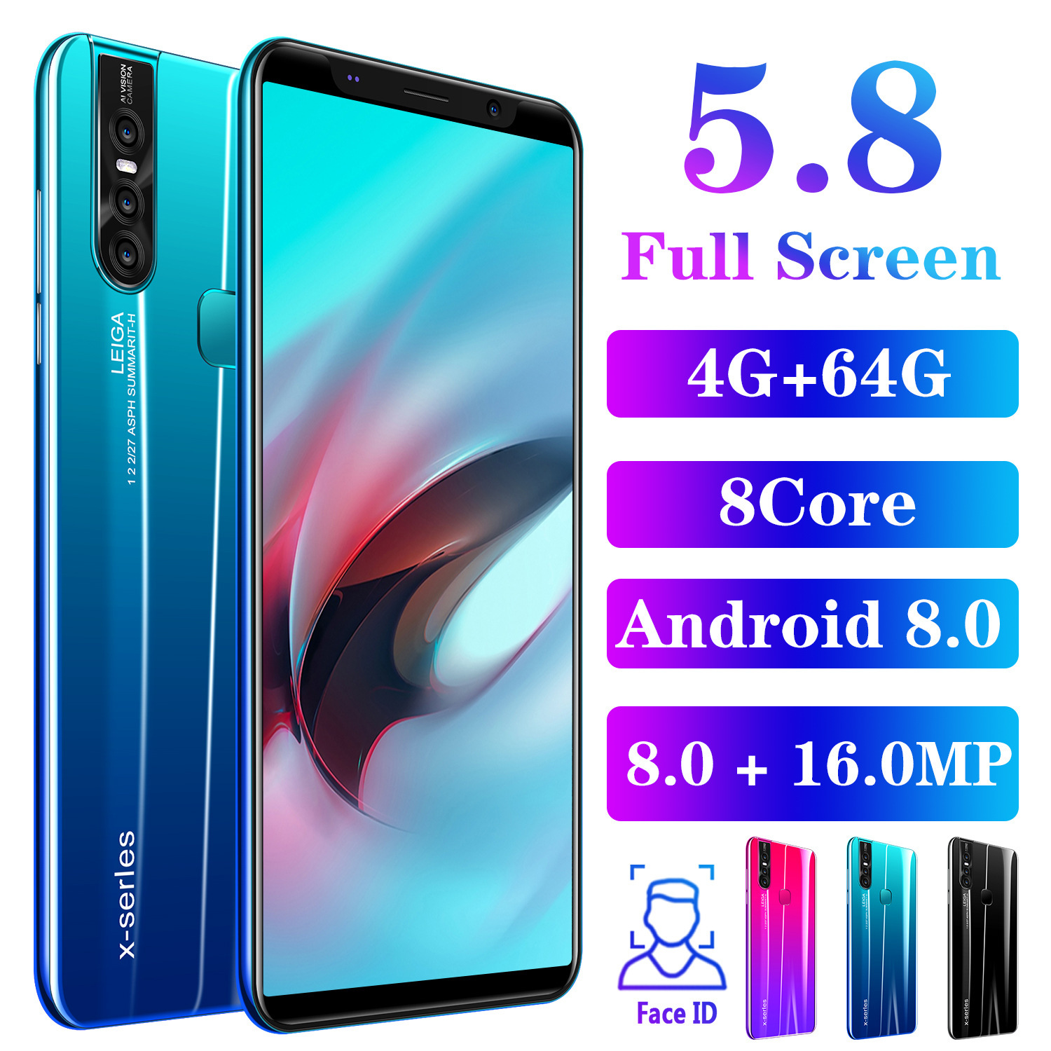 【Free Headset】-RAM 4GB-ROM 64GB-Android Jaringan 4G Ponsel 5.72 Inci 8MP + 16MP Kamera 4000M Ah Face Id Dual Kartu SIM Android Smartphone 4G LTE OEM sunfury