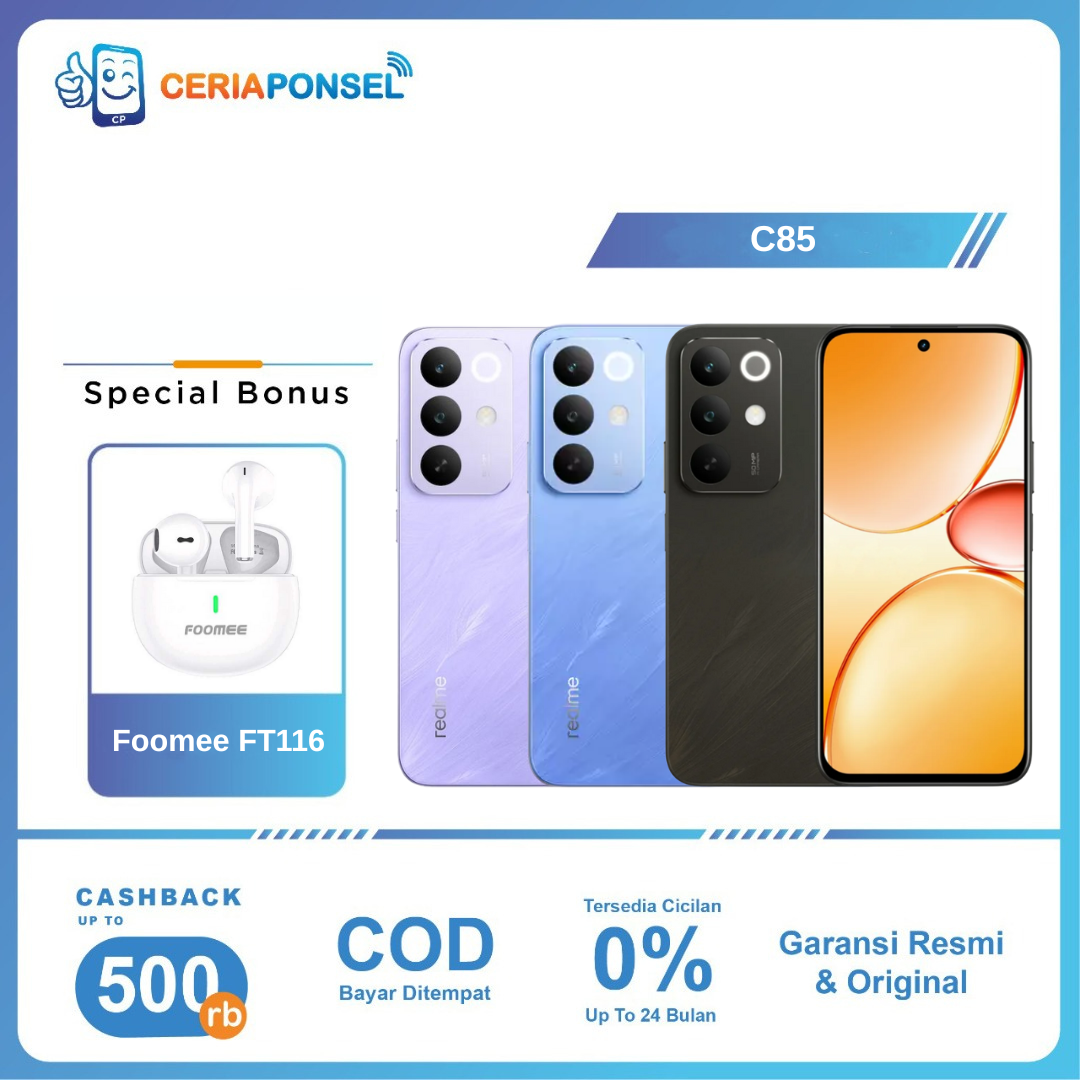 Realme C85 6/128GB, 8/128GB & 8/256GB Snapdragon 685 50MP 7000mAh 45W | realme Indonesia official warranty 1 year Giá 2,403,000 Đồng*Miễn phí vận chuyển
