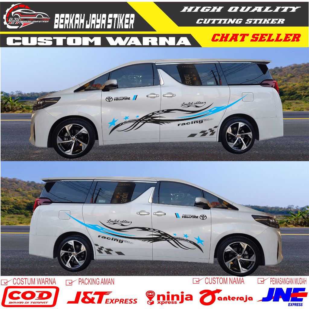 2 PCS KANAN KIRI CUTTING STICKER MOBIL TOYOTA VELLFIRE BINTANG RACING TERABRU STICKER BODY SAMPING MOBIL Harga 153,000 rupiah*Gratis Ongkir