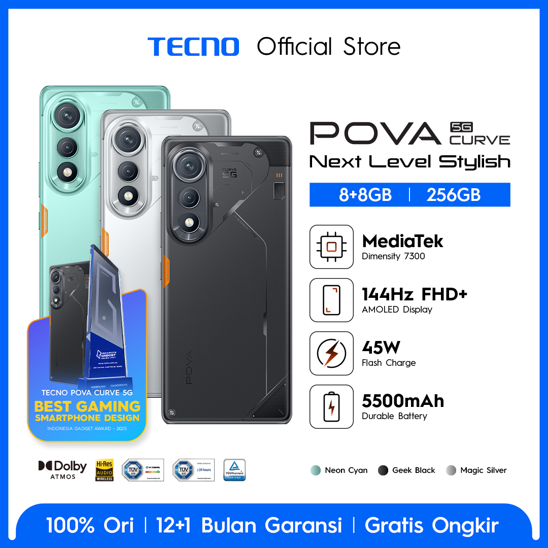 Tecno Pova Curve 5g 8+8Gb*/256Gb, 5500Mah + Bypass Charging 2.0, Mediatek D7300 Ultimate 5g, 6.78\\\" Curved Amoled Display, 64Mp Primary Camera, Android 15 - Hios 15 - Povacurve Harga  3,099,000 Ringgit*Penghantaran Percuma