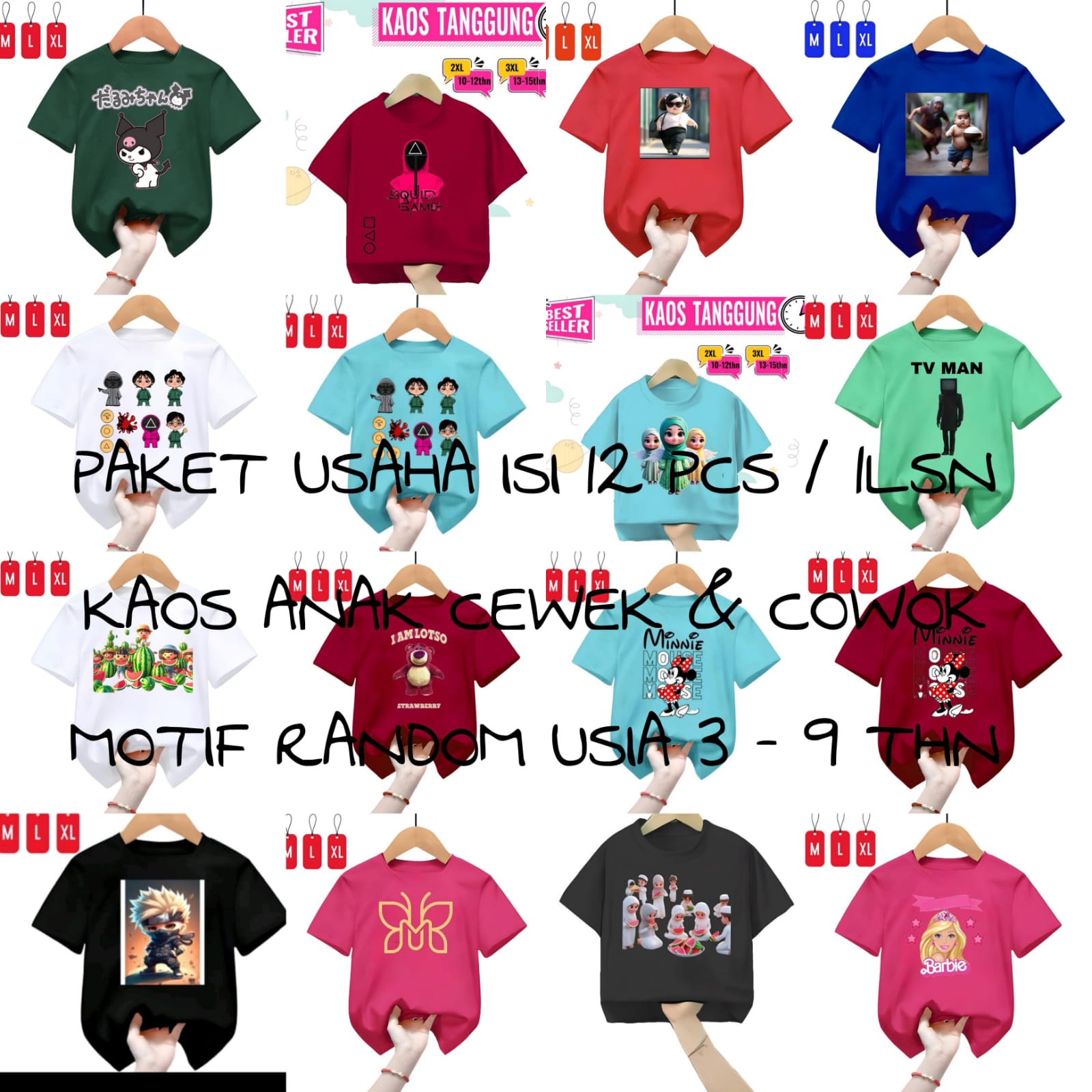 PAKET USAHA KAOS ANAK CEWEK COWOK ISI 12 PCS MOTIF RANDOM/1 LUSIN Harga  100,000 rupiah*Gratis Ongkir