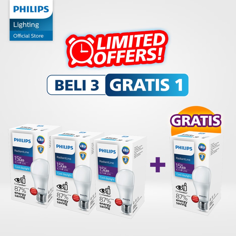 Philips Lampu LED Paket Hemat Beli 3 Gratis 1 Radiantline LEDBulb 15W 6500K Putih Harga 176,400 rupiah*Gratis Ongkir