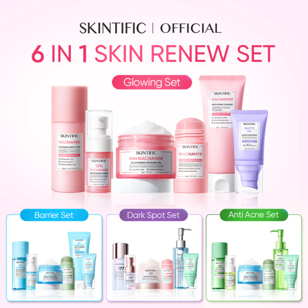 [Skintific Authorized] 6Pcs Skincare Set Moisturizer + Sunscreen + Serum + Clay Mask Stick + Facial Cl…