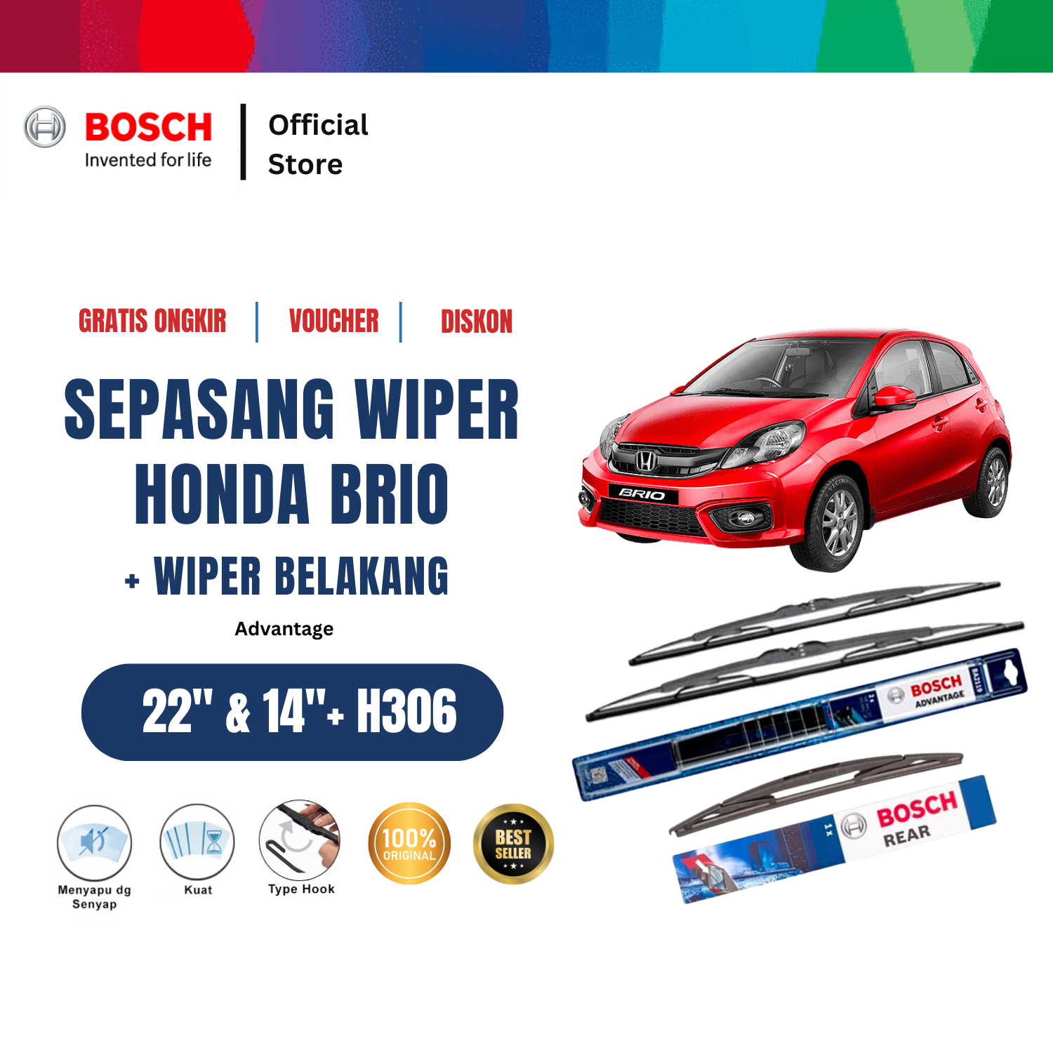 Bosch Wiper Depan dan Belakang Honda Brio Advantage 22 dan 14 inchi dan H306 Harga 242,760 rupiah*Gratis Ongkir