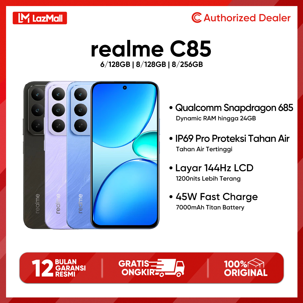 Realme C85 (6/128Gb)(8/128Gb)(8/256Gb) Qualcomm Snapdragon 685 Ip69 Pro Highest Waterproof Protection Giá 2,599,000 Đồng*Miễn phí vận chuyển