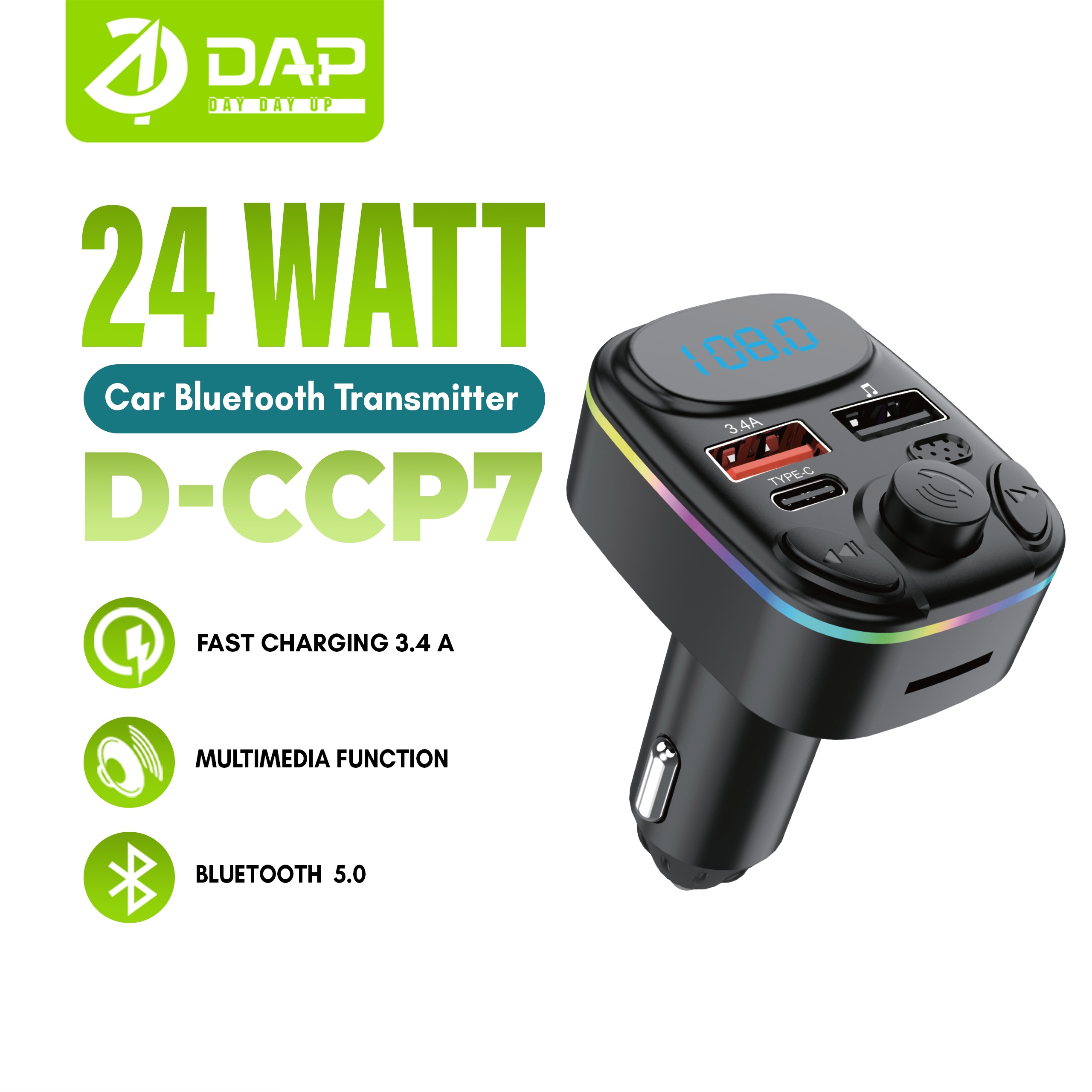 DAP D-CCP7 Car Charger Bluetooth Serba Guna Transmitter USB & Type-C 3.4A - Garansi 1 Tahun Harga 63,250 rupiah*Gratis Ongkir