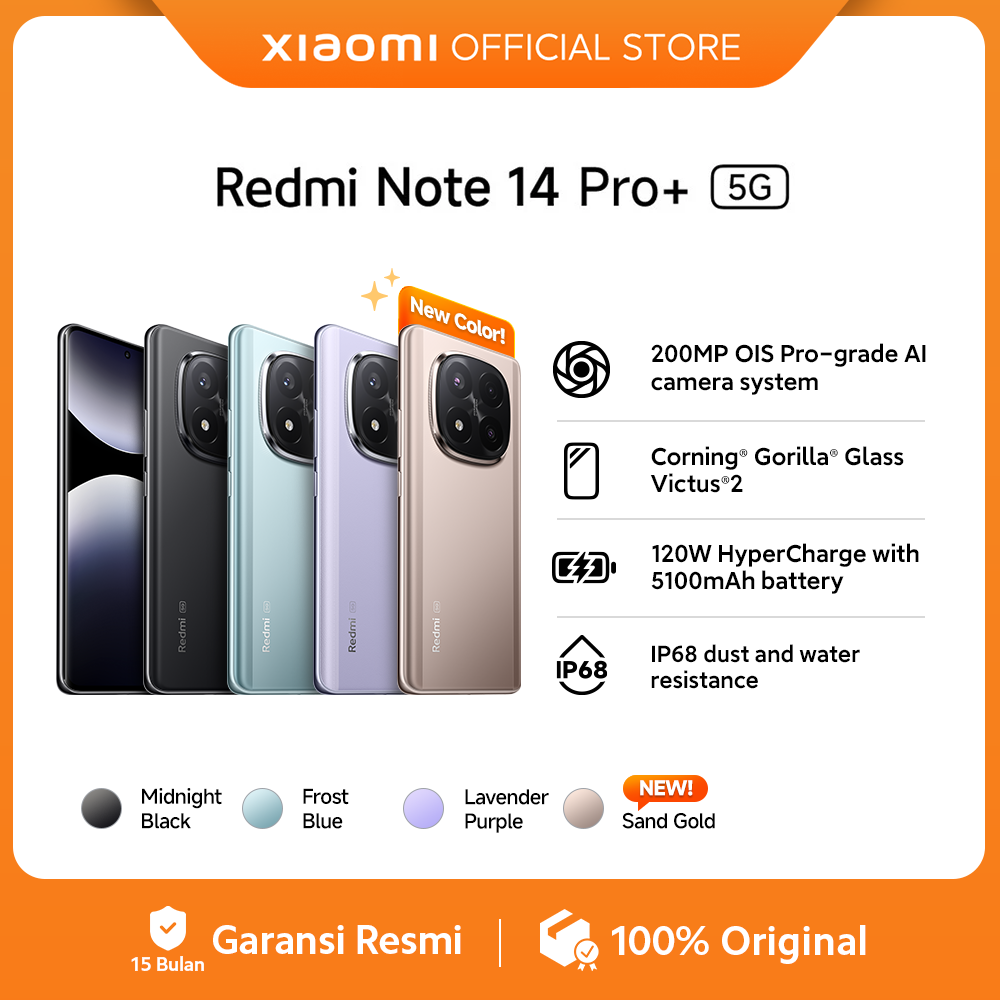 Xiaomi Redmi Note 14 Pro+ 5g | 200Mp Ois Pro-Grade Ai Camera System | 120W Hypercharge with 5110Mah Battery | Ip68 Dust and Water Resistance | Corning ® Gorilla ® Glass Victus ® 2 [Official Store] Harga  5,960,588 Ringgit*Penghantaran Percuma