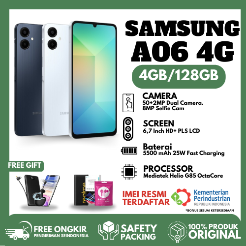 Samsung Galaxy A06 4/128 & 4/64, Mediatek Helio G85 Ram 4Gb Internal 64Gb & 128Gb Battery 5000Mah Harga 1,079,000 rupiah*Gratis Ongkir