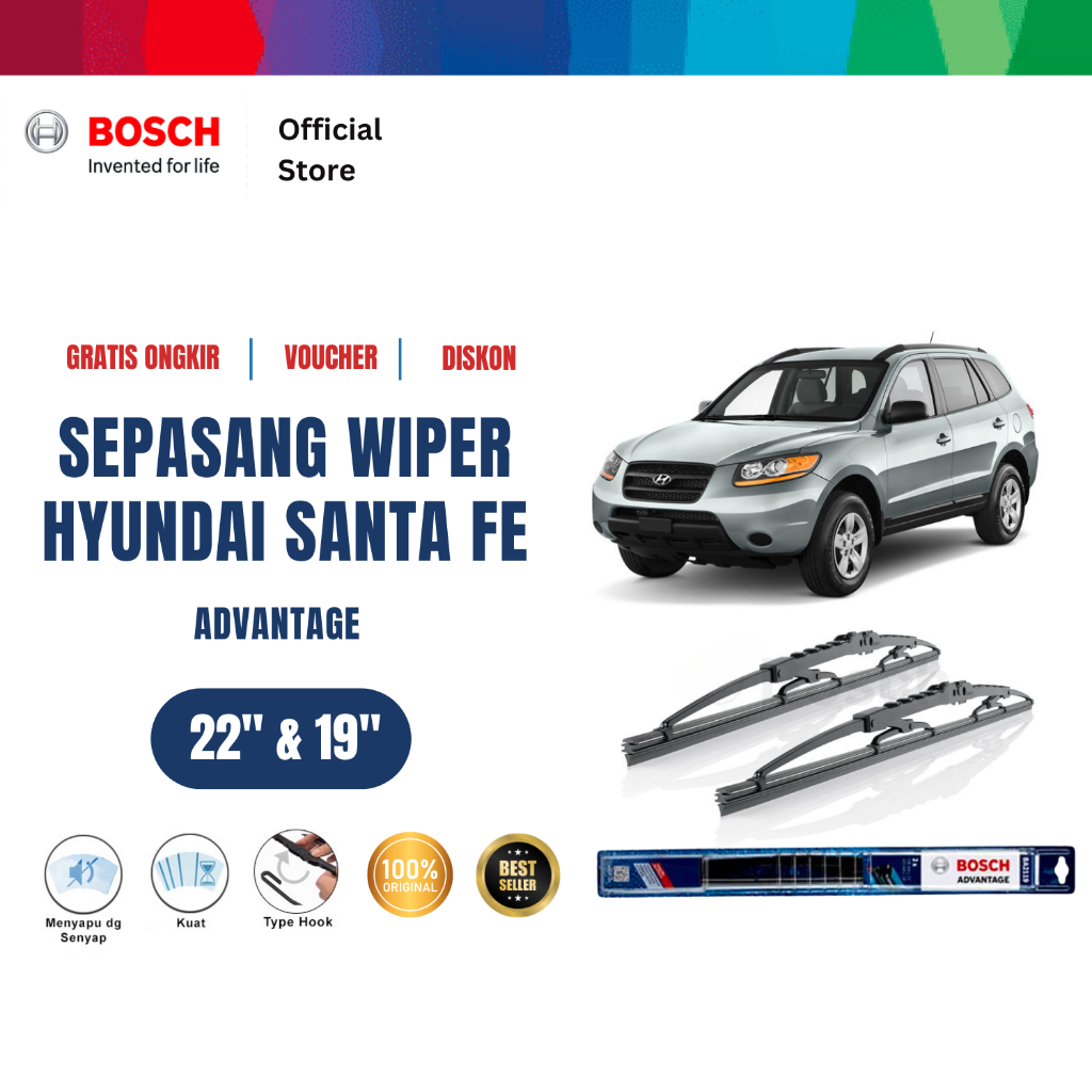 Bosch Sepasang Wiper Kaca Mobil Hyundai Santa Fe 2000-on Advantage 22 dan 19 inchi Harga 140,760 rupiah*Gratis Ongkir