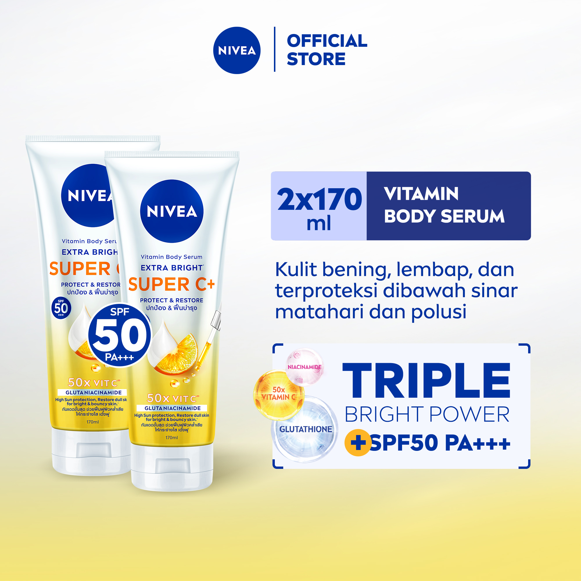 NIVEA Body Serum Extra Bright Super C+ SPF50+ PA+++ 70ml - Hand body serum  lotion mencerahkan kulit kusam bening badan glowing brightening melembabkan  kering SPF UV matahari harian tidak lengket - Vitamin