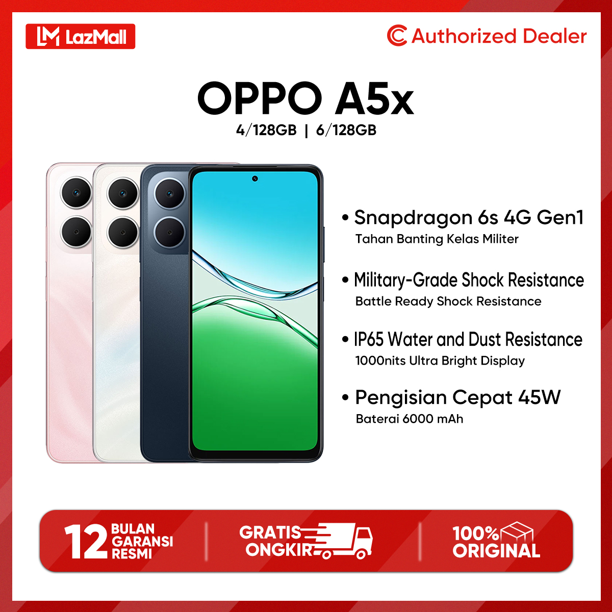 Oppo A5X 6/128Gb 4/128Gb 6000 Mah Battery & 45W Fast Charging Official Guarantee Cod Harga 1,899,000 rupiah*Gratis Ongkir