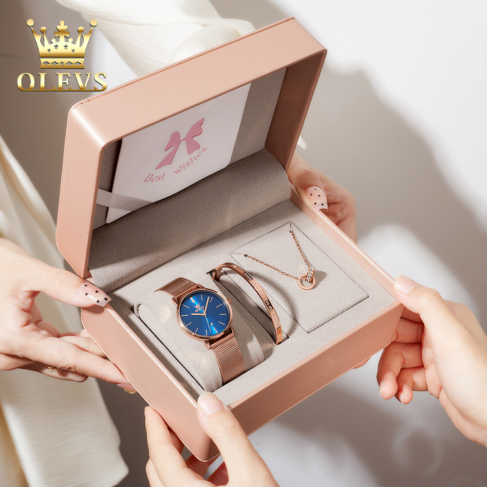 OLEVS jam tangan wanita set terbaru 2024 anti air elegan simple cermin HD kalender dial tali jam baja…