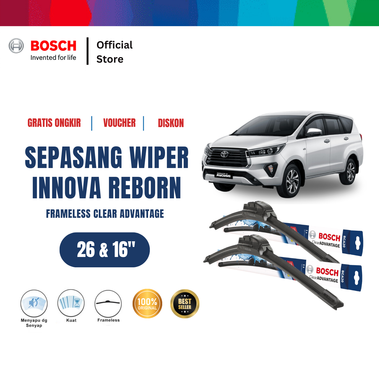 Bosch Sepasang Wiper Mobil Toyota Kijang Innova Reborn Frameless Clear Advantage 26 dan 16 Inci Harga 203,235 rupiah*Gratis Ongkir