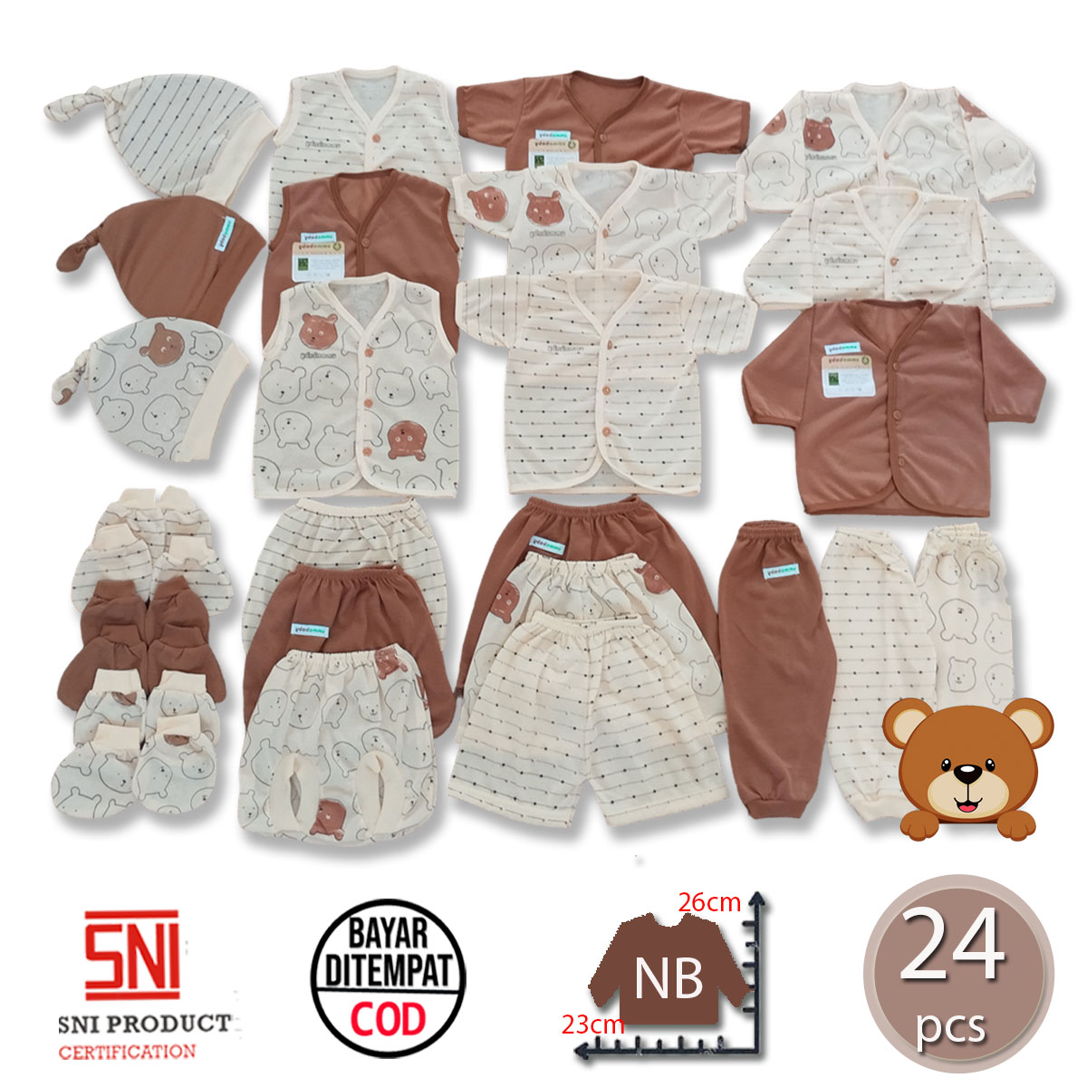 ummababyshop 24 Pcs Baju Bayi Setelan Celana Pendek Panjang Buntung Stelan Newborn Kado Murah Lucu Gift Set New Born Sarung Tangan Kaki Topi Perlengkapan Bayi Baru Lahir Laki Perempuan Bear Coklat Harga  52,800 rupiah*Gratis Ongkir