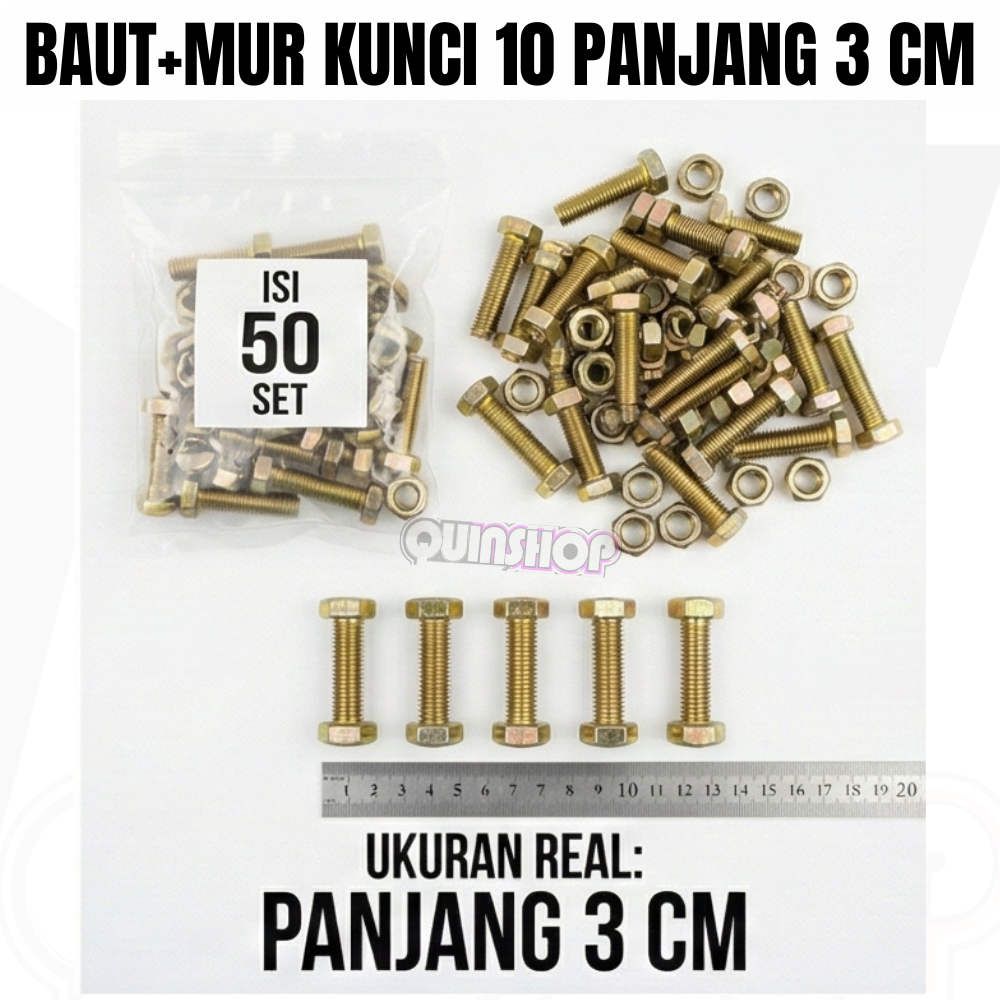 [Wholesale 50 Set] Lock Nut Bolts 10 Length 3cm (30mm) M6 Yellow - Exhaust Cover Bolts & Automatic Motorcycle Fan Cover - Hexagonal Bolt Nut Yellow Zinc Precision Harga 33,300 rupiah*Gratis Ongkir